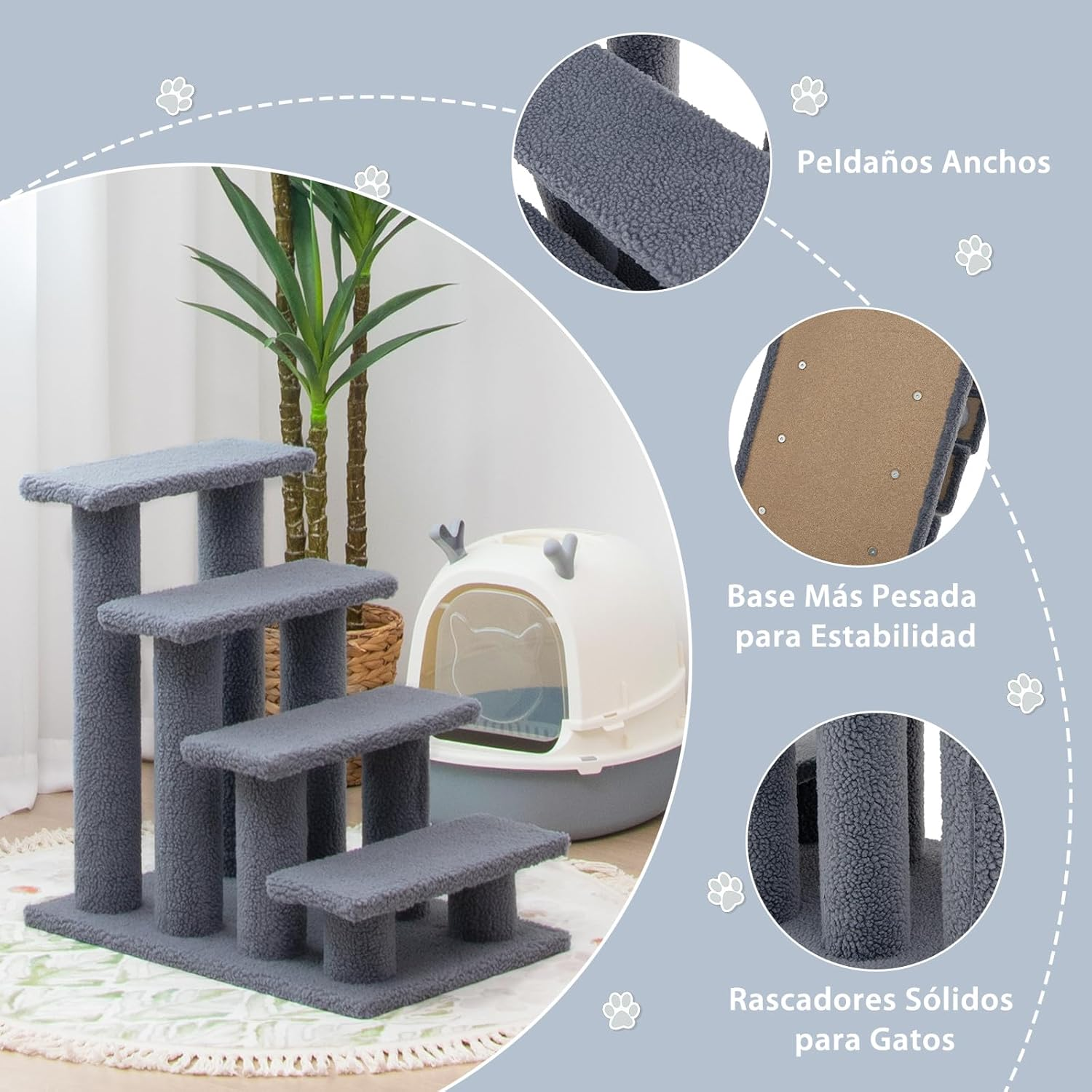 Costway 4-Step Pet Stairs for Cats and Dogs, Carpeted Cat Scratching Post Pet Ramp, 60.5 Cm Indoor Multi-Step Dog Stairs for High Beds, Couch and Sofa, Easy Assembly, Grayish White image number 4