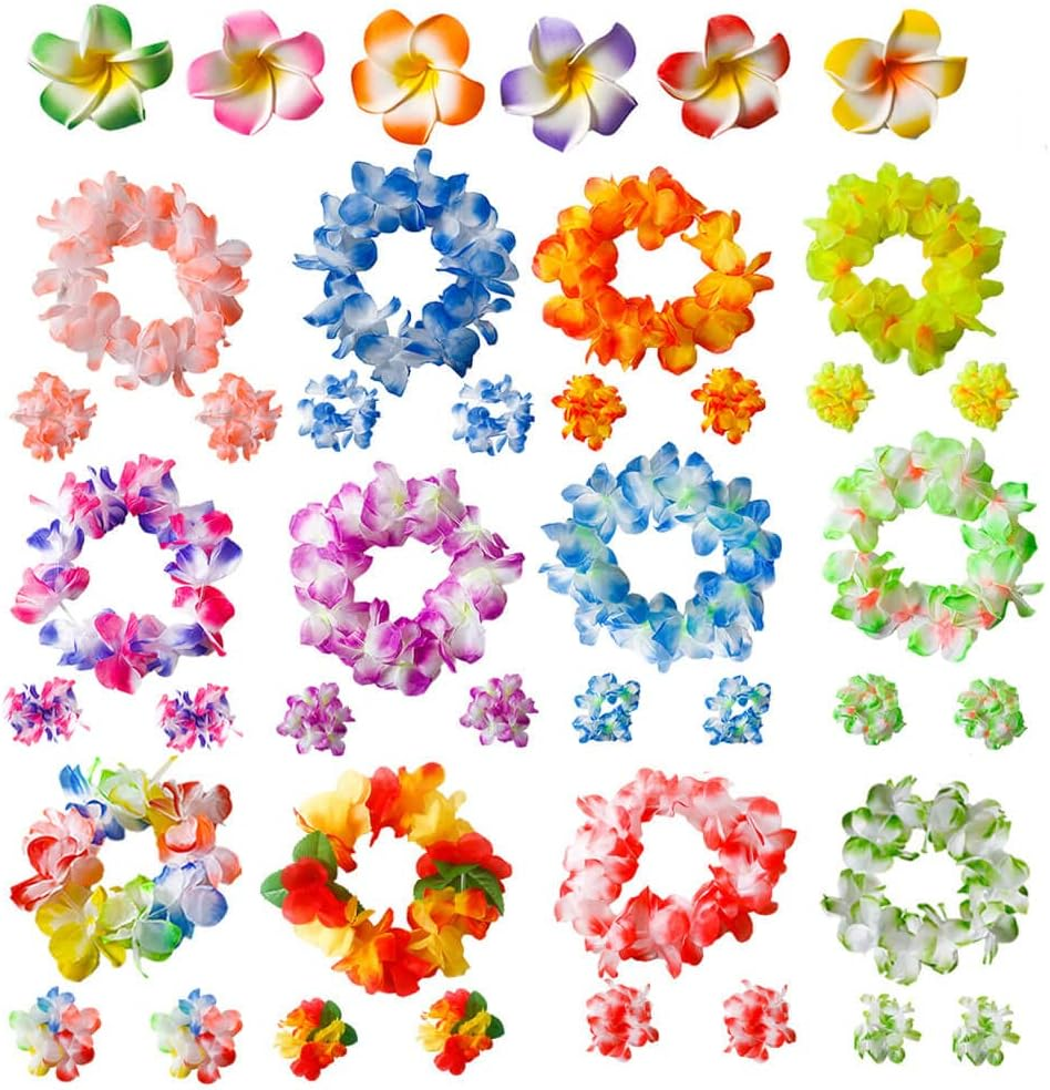 50 PCS Soft Hawaiian Leis Luau Party Decorations Tropical Party Favors Lei Hawaiian Flower Hair Clip,Headbands and Wristbands Perfect for Your Hawaii Luaus Party. image number 3