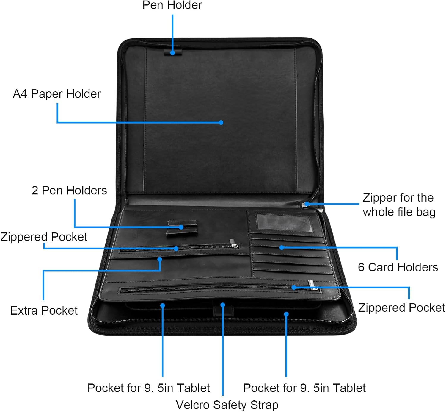 VANRA Zippered Padfolio for Men Leather Portfolio for Women Binder Organizer Interview Resume Folder for Papers Document Holder Planner Binder A4 Letter Size with Notepad (Black) image number 6