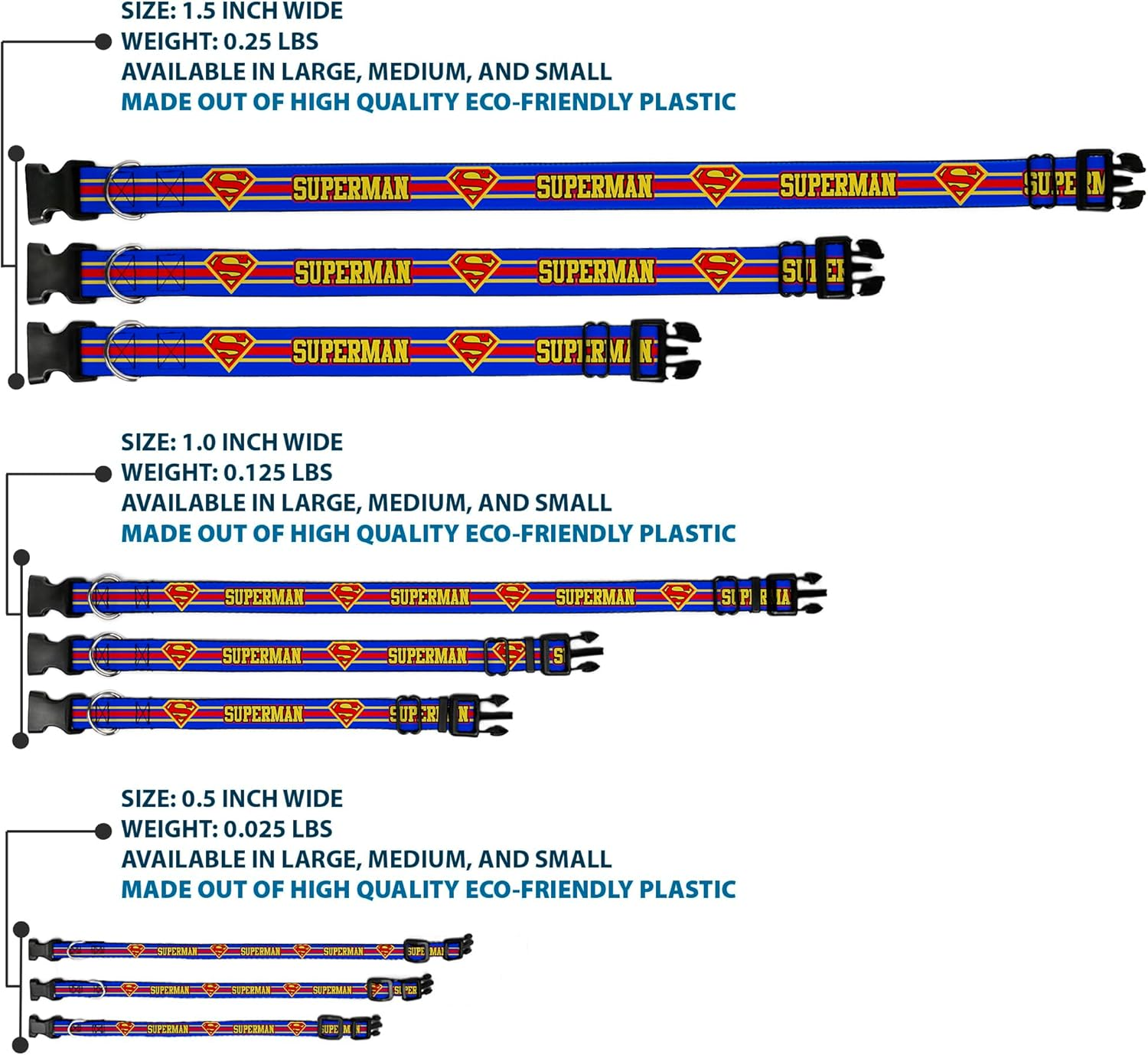 Buckle-Down Plastic Clip Dog Collar, Superman with Shield Stripe Blue/Yellow/Red, 15 to 26 Neck Size X 1.0 Inch Width image number 1