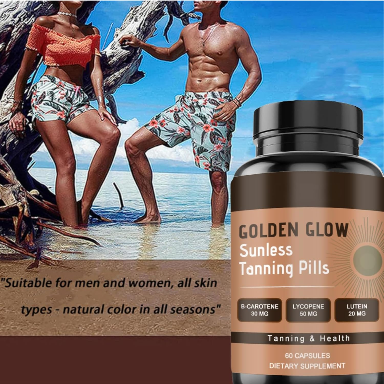 Nuvilo Tanning Pills for Men and Women, Natural Blend Capsules, Promotes Sun-Kissed Glow, Healthy Bronze Tan and Skin Support, 60 Count (1 Box) - 1 Box image number 3