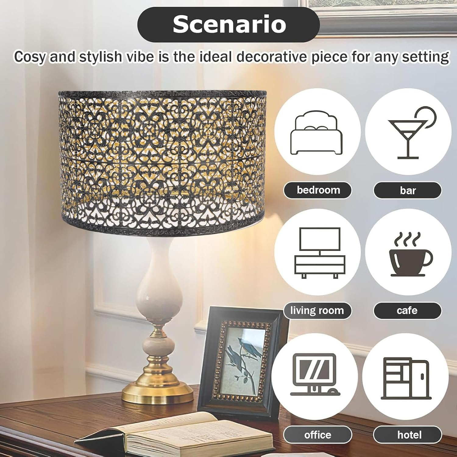 Metal Lampshade, round Lamp Shade Fits Both E27 and E14 Bulb Bases, Elegant Black and Gold Drum Lampshade with Hollow Carved Pattern for Table Lamps, Floor Lamps, Pendants image number 3
