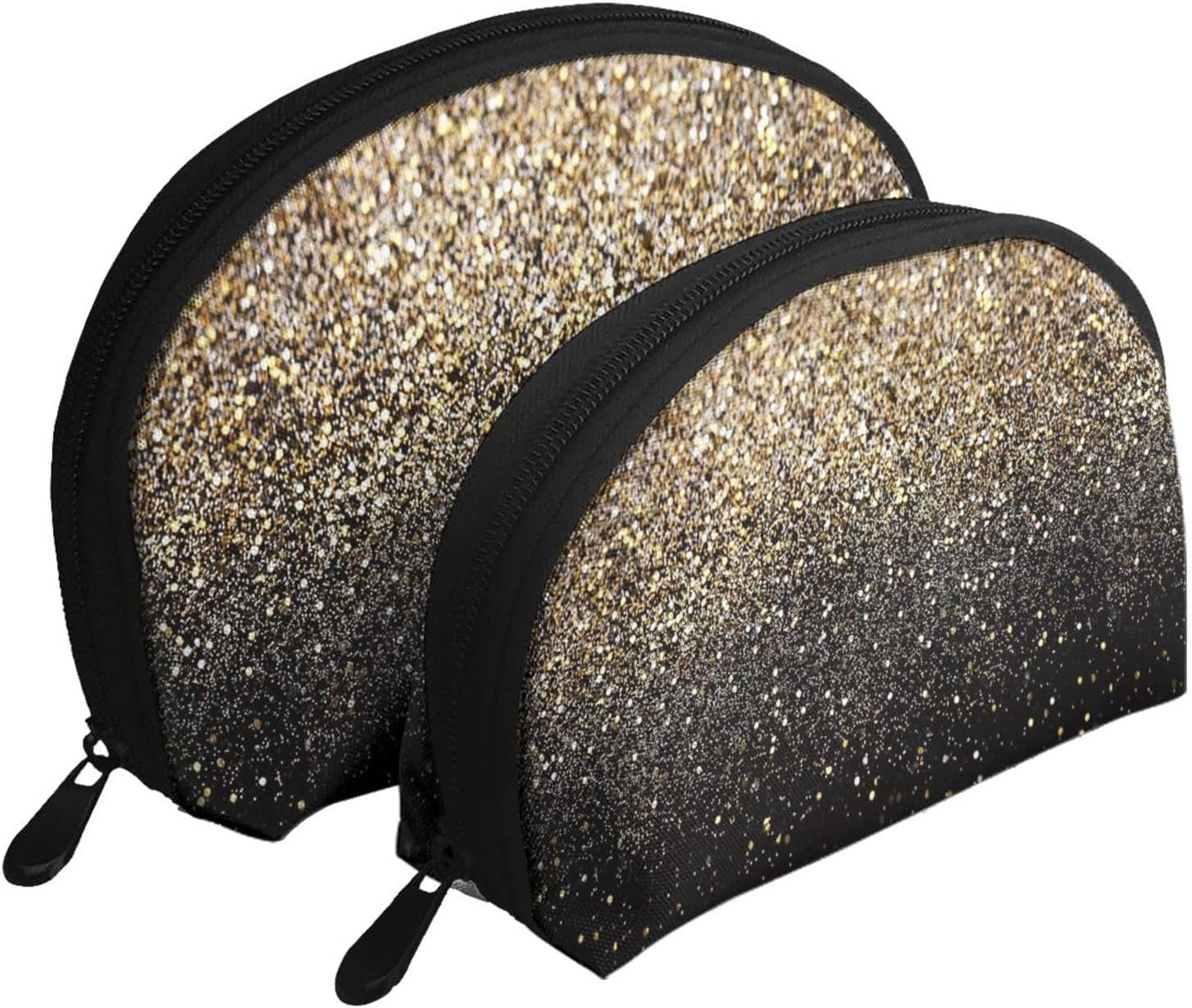 Coin Pouch Makeup Bags Set, 2 Piece Shell Shape Cosmetic Bag with Pockets for Daily Travel Handbag Lipstick Keys Toiletry, Personalized Golden Glitter Black Gold Dots image number 4