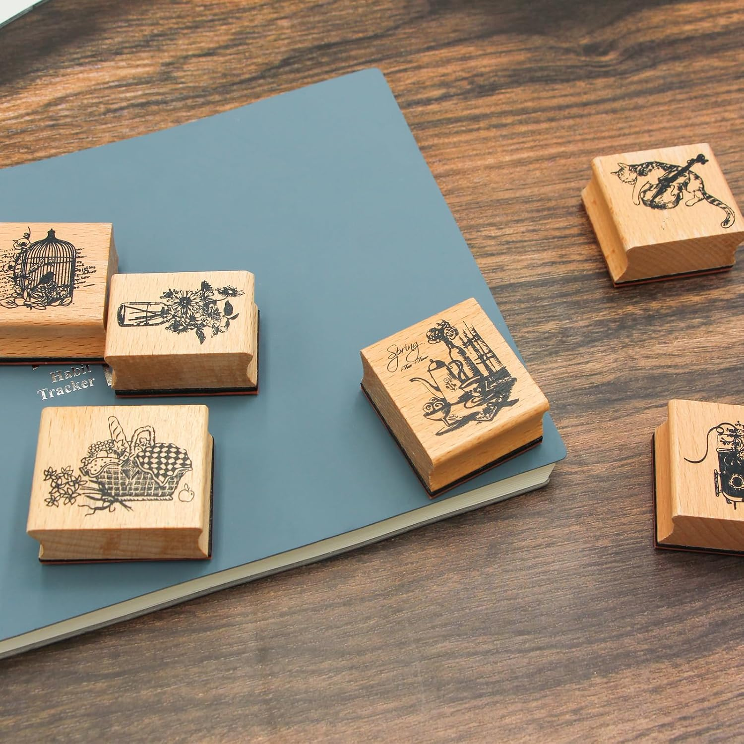 6PCS Wood Rubber Stamp Set, Multipurpose Vintage Rubber Seal, Art Stamps for Scrapbook, DIY Card Making, Bullet Journals and Arts & Craft image number 6