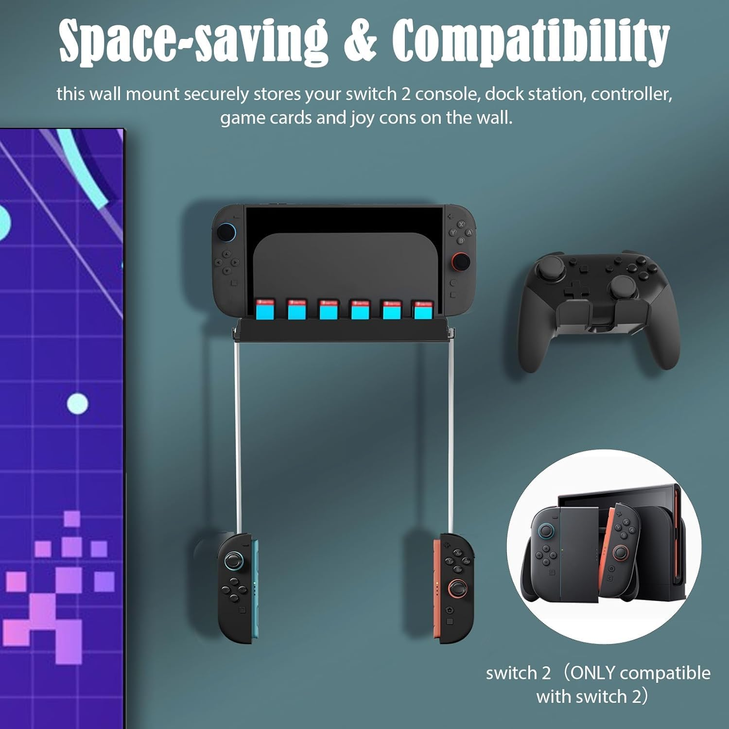ZONEY Wall Mount Compatible with Nintendo Switch 2, Metal Switch 2 Wall Mount Kit with Controller Holder, 12 Game Card Holders and 2 Joy Con Brackets, Safely Store Switch 2 behind or near Tv,Black image number 5