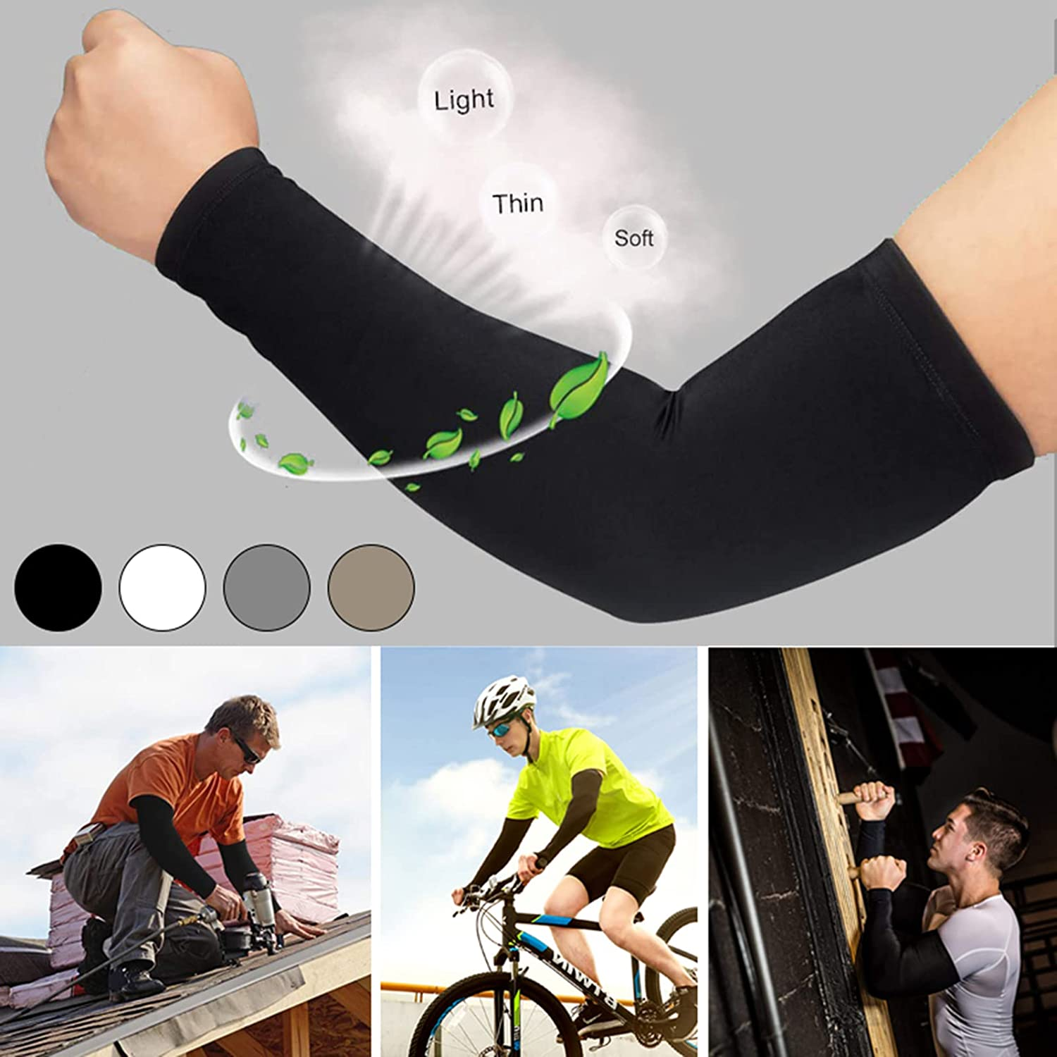 3 Pairs - Arm Cooling Sleeves UV Sun Protection Arm Sleeves for Women Men Youth, MH MOIHSING Arm Warmers for Cycling Driving Outdoor Sports Basketball Sleeves,Arm Compression Sleeves Black White Grey image number 3