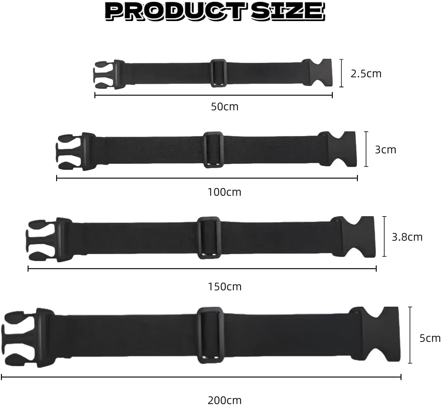 Pack of 4 Black Luggage Straps, Elastic Suitcase Strap, Adjustable Buckle Strap, Suitcase Strap for Safely Packing and Organising Travel Bags, Suitcases, Luggage Strap (2.5 X 50-200 Cm) image number 1