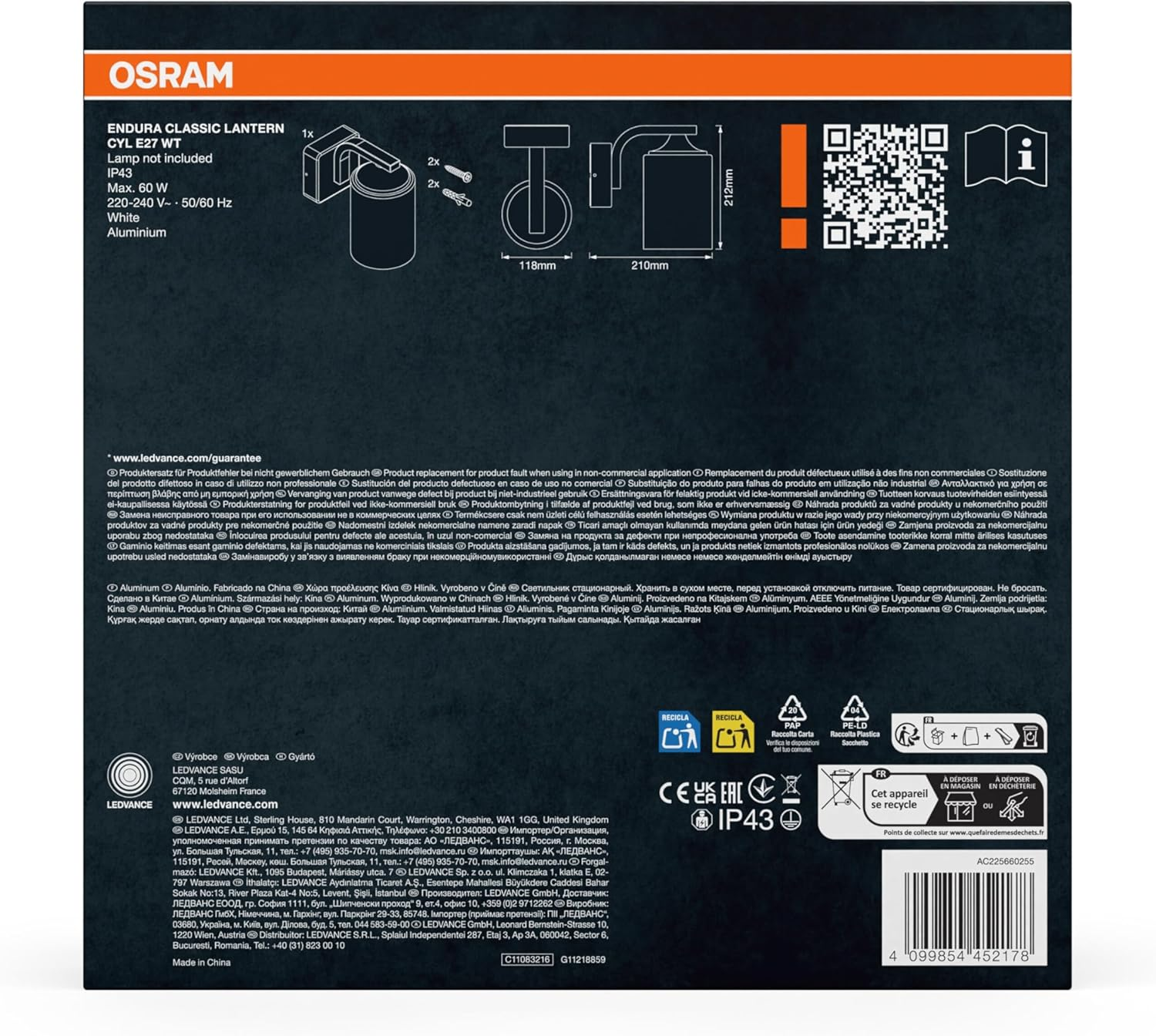 OSRAM Endura Classic Wall Light, White, E27, IP43, Aluminium Housing, Glass Diffuser, Suitable for Outdoor Use, Bulb Not Included