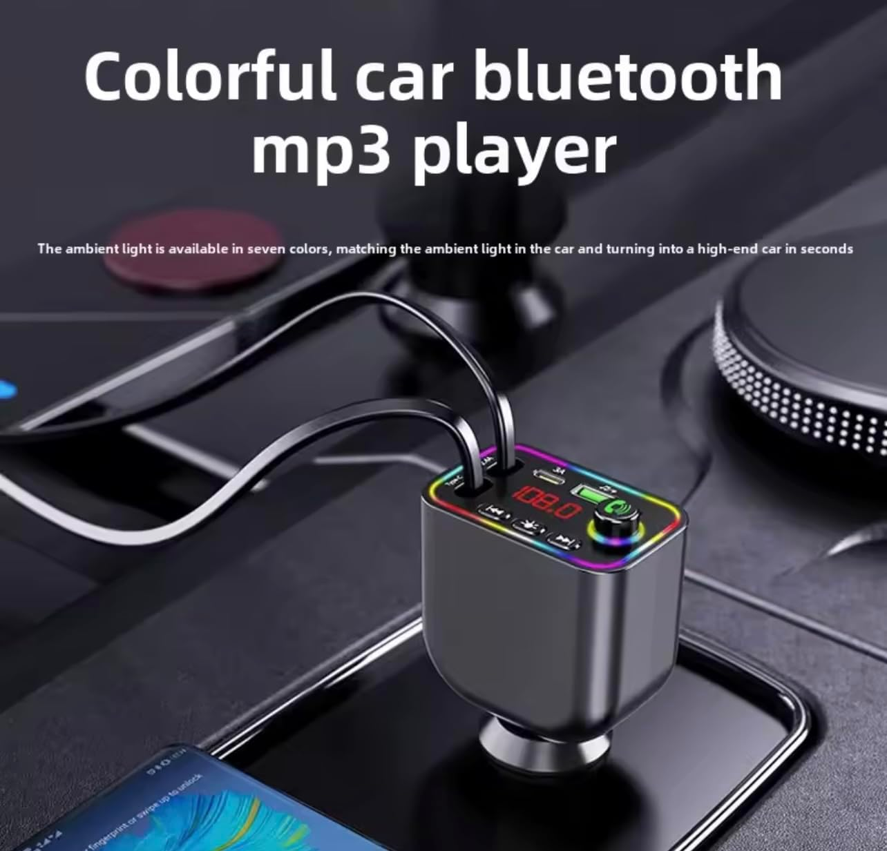 KK KENIK 4-In-1 Bluetooth FM Transmitter Retractable Car Charger, 120W Fast Charging, Usb/Type-C/Iphone, RGB LED Display image number 5