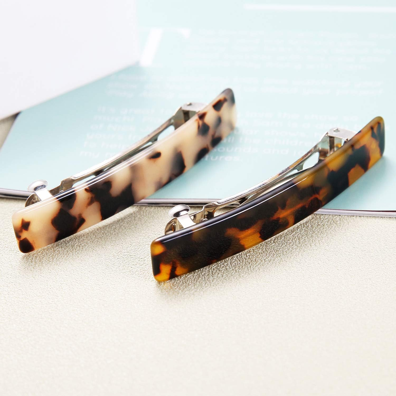 2PCS French Design Hair Barrette Tortoise Shell Celluloid Rectangle Hair Clips for Women - Blue,Onyx Green image number 4