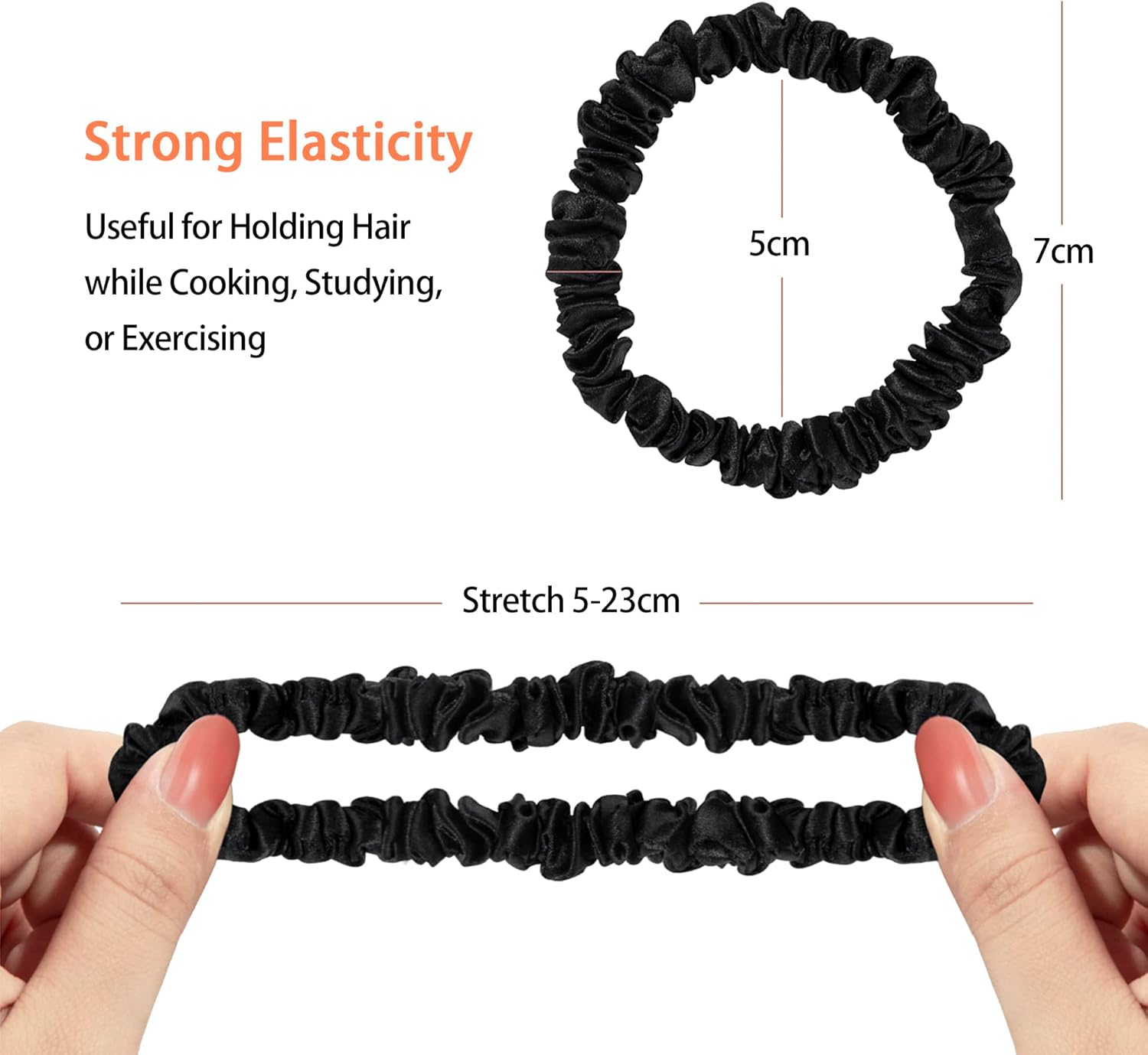 Townssilk Silk Skinnie Scrunchies 100% Pure 22 Momme Mulberry Silk Hair Ties for Women Hair Friendly Luxurious Elastic Scrunchies Set(5 Scrunchies Black) - 5Pc-5 image number 4