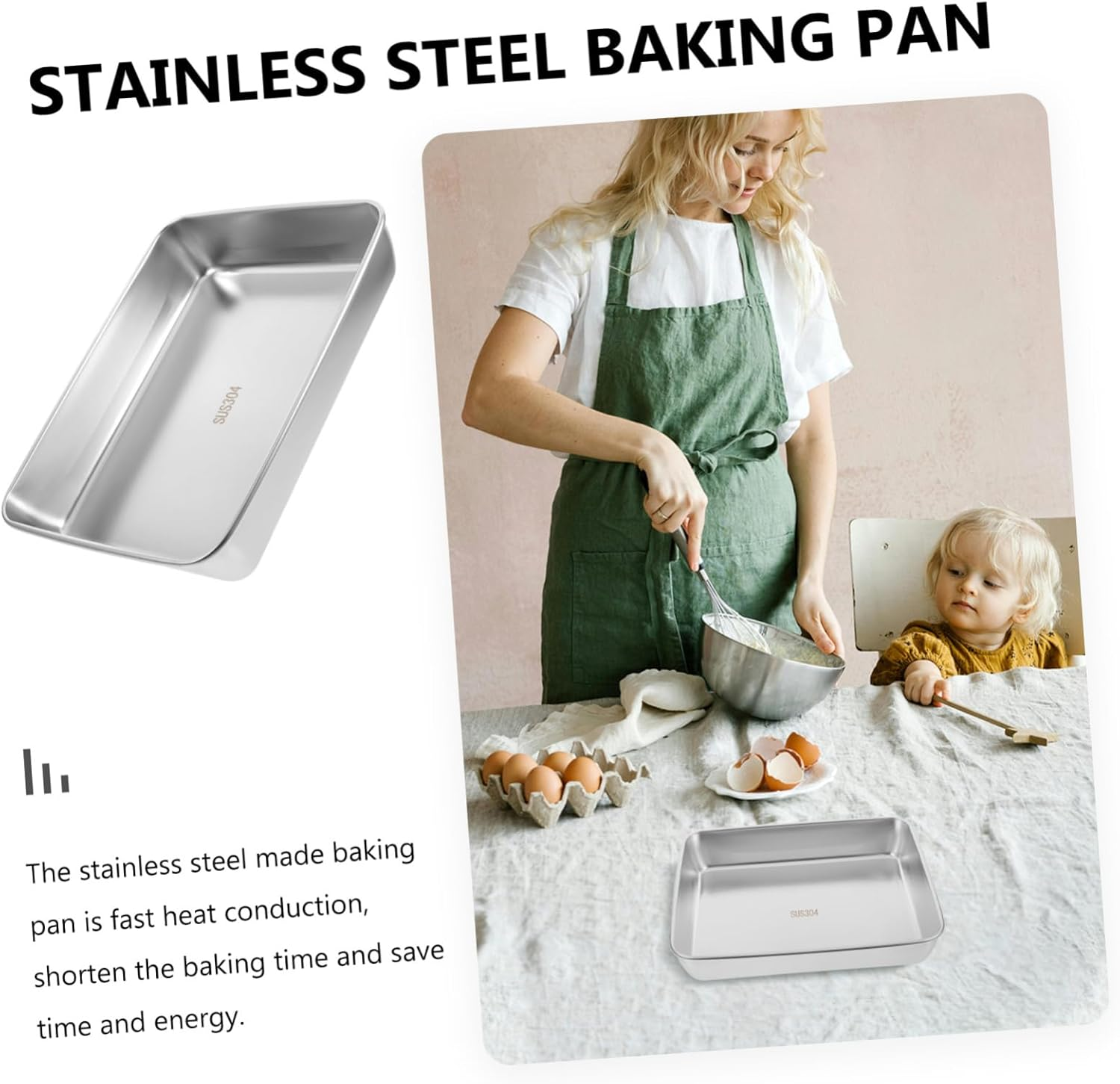 Mikinona Stainless Steel Rectangle Cake Pan Baking Tray 30.7X24.3X5.5Cm Narrow Edge Non-Coated Bread Loaf Bakeware for Home Baking Supplies image number 1