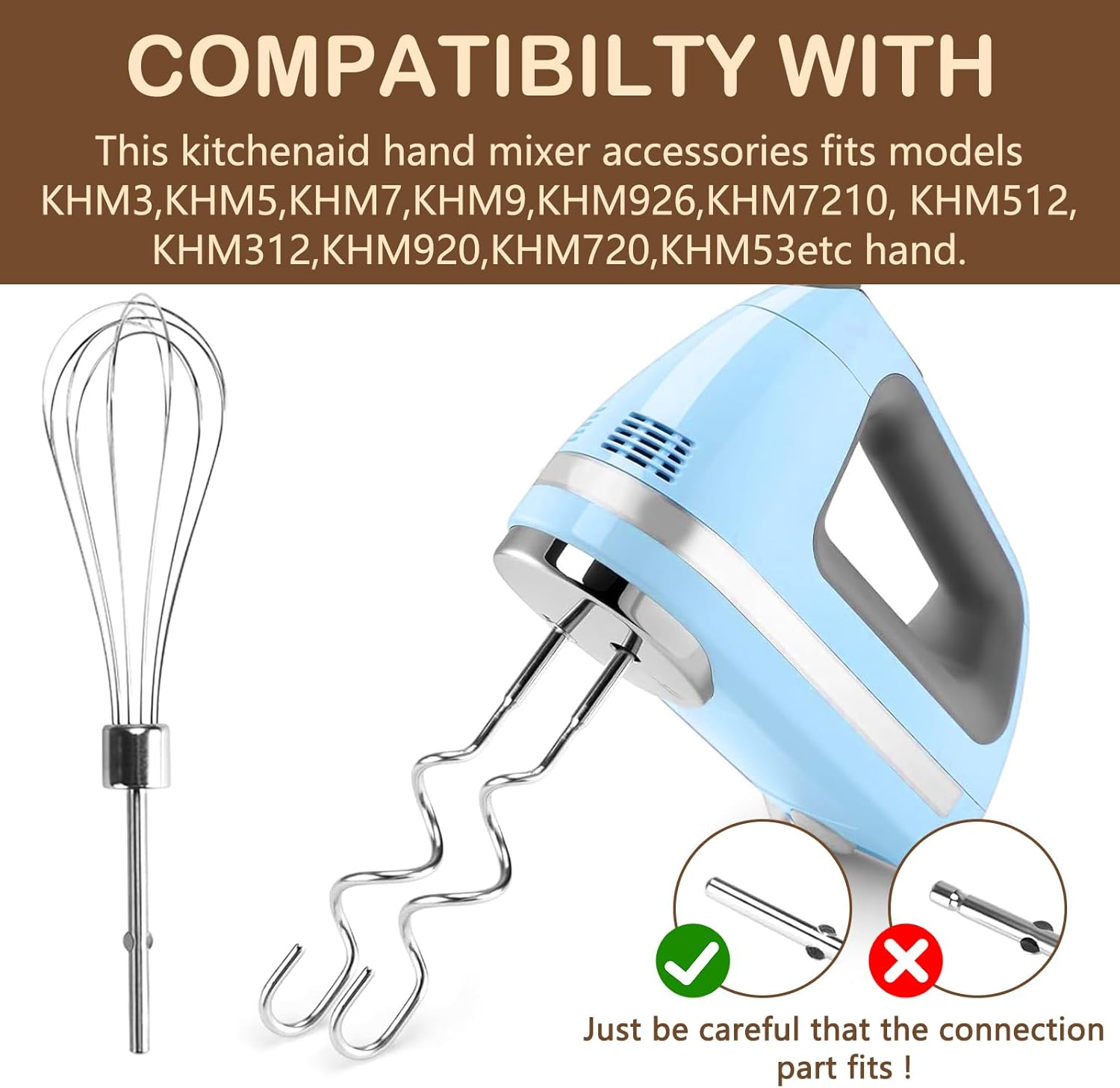 Stainless Steel Mixer Attachments Set - Includes Beaters, Dough Hooks & Whisk for Kitchenaid & Hand Mixers - Ideal Kitchen Accessory for Effortless Mixing, Blending and Whisking - 3 Piece Set image number 2