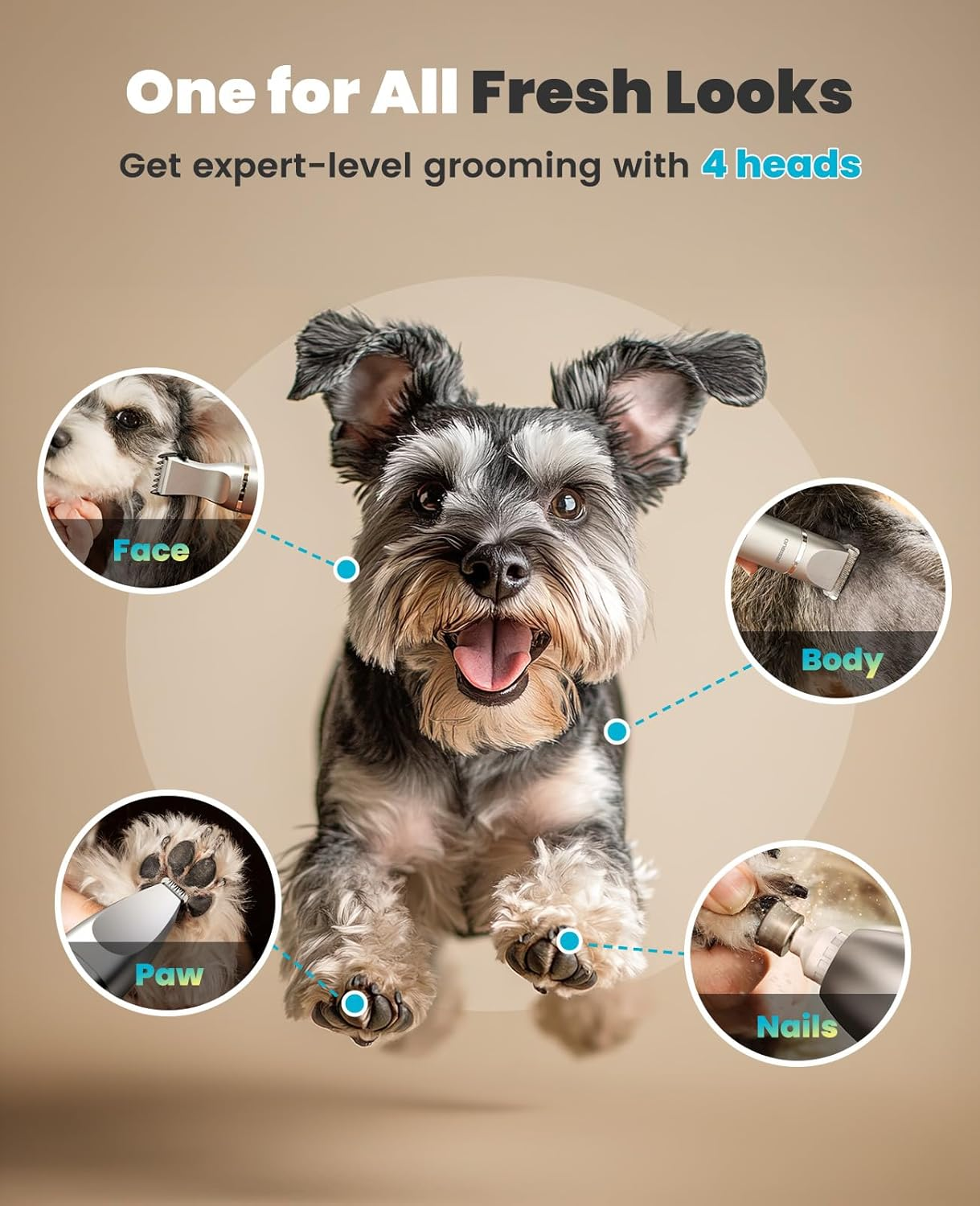 Oneisall 4 in 1 Dog Grooming Kit with LCD Display, Dog Hair Trimmer for Paw Nail Grinder, Rechargeable Cordless Low Noise IPX7 Waterproof Pet Clippers image number 4