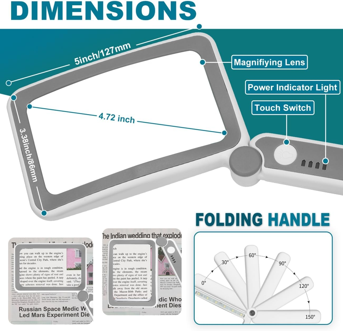Rechargeable Magnifying Glass with Light for Reading, 5X Large Page Magnifier with LED Lighted for Seniors Low Vision, Folding Handheld Lightweight Rectangle Magnifier for Reading Book Small Print image number 4