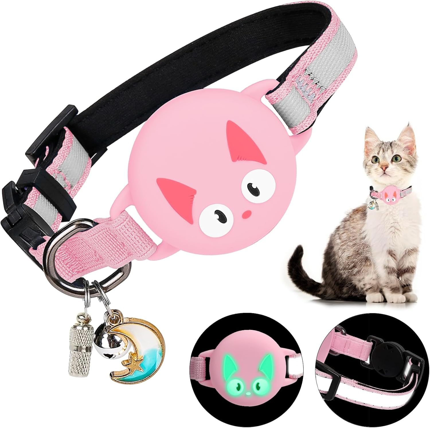 Woyinger Reflective Breakaway Cat Collars with Name Tag, with Apple for Air Tag Holder and Bell, Waterproof for Airtag Cat Collar Holder, Adjustable,Reflective Breakaway Cat Collars, for Cats (Blue)