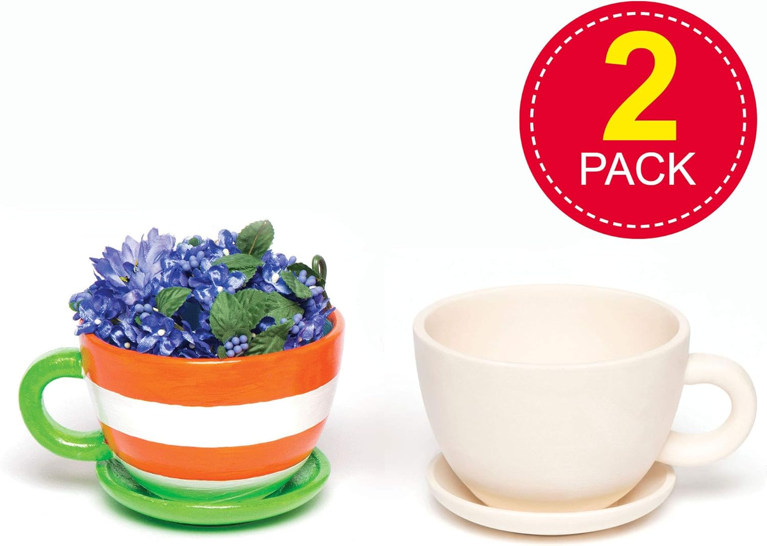 Baker Ross AC624 Ceramic Flower Pots Cup & Saucer (Pack of 2), 12 Cm X 10 Cm X 14.3 Cm, Ceramic