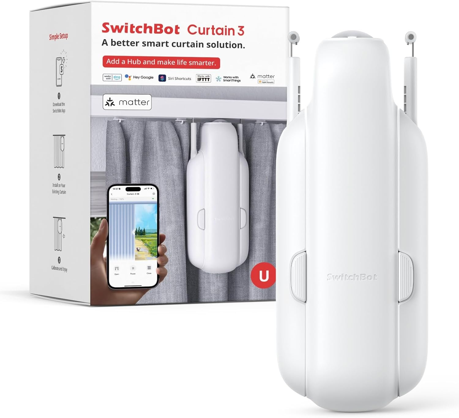 Switchbot Smart Automatic Curtain Opener - Bluetooth Remote Control with App/Timer, Upgraded High-Performance Motor, Add Switchbot Hub to Make It Work with Alexa, Google Home (Curtain 3, U Rail) image number 5