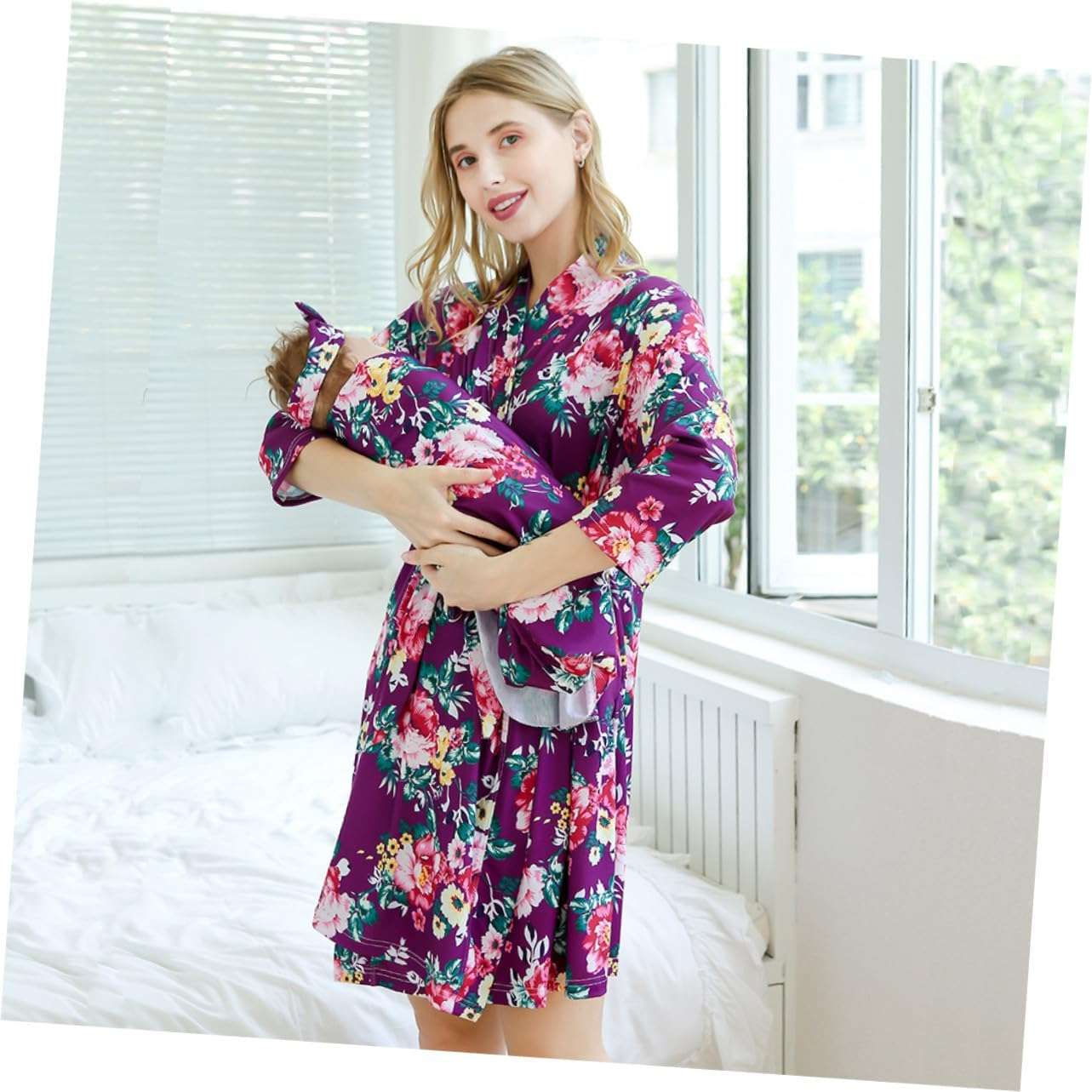FOMIYES 3Pcs Maternity Robe for Women with Blanket and Headband Breathable Nursing Nightgown with Elegant Floral Print Comfortable Loose Fit Sleepwear for Postpartum and Pregnancy S image number 6
