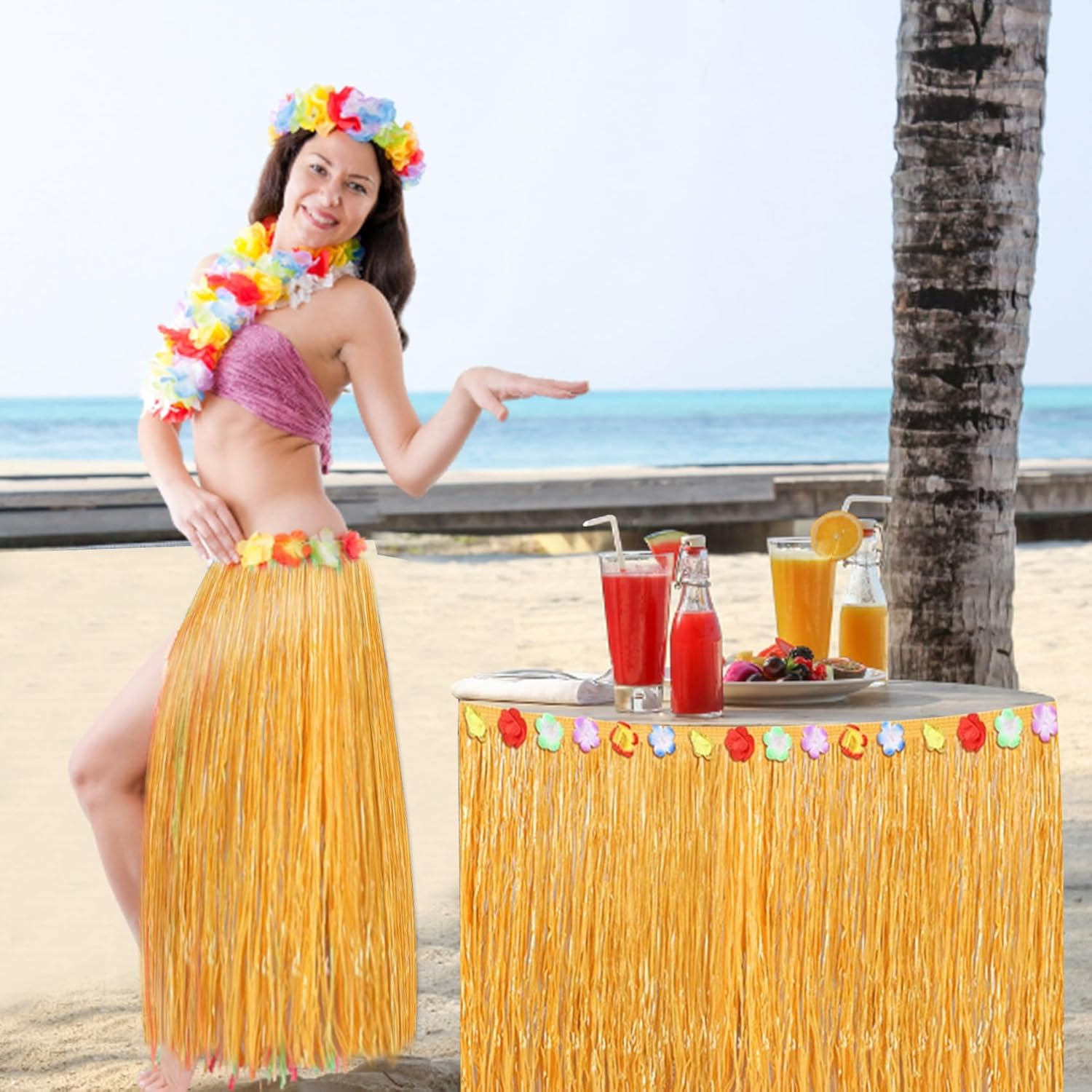 4 Pcs Luau Grass Table Skirt, Hawaiian Luau Hibiscus Table Skirt Faux Flowers Table Hula, Grass Skirt Table Fringe Luau Table Decorations, Party, Events, Birthdays, Celebration Decoration