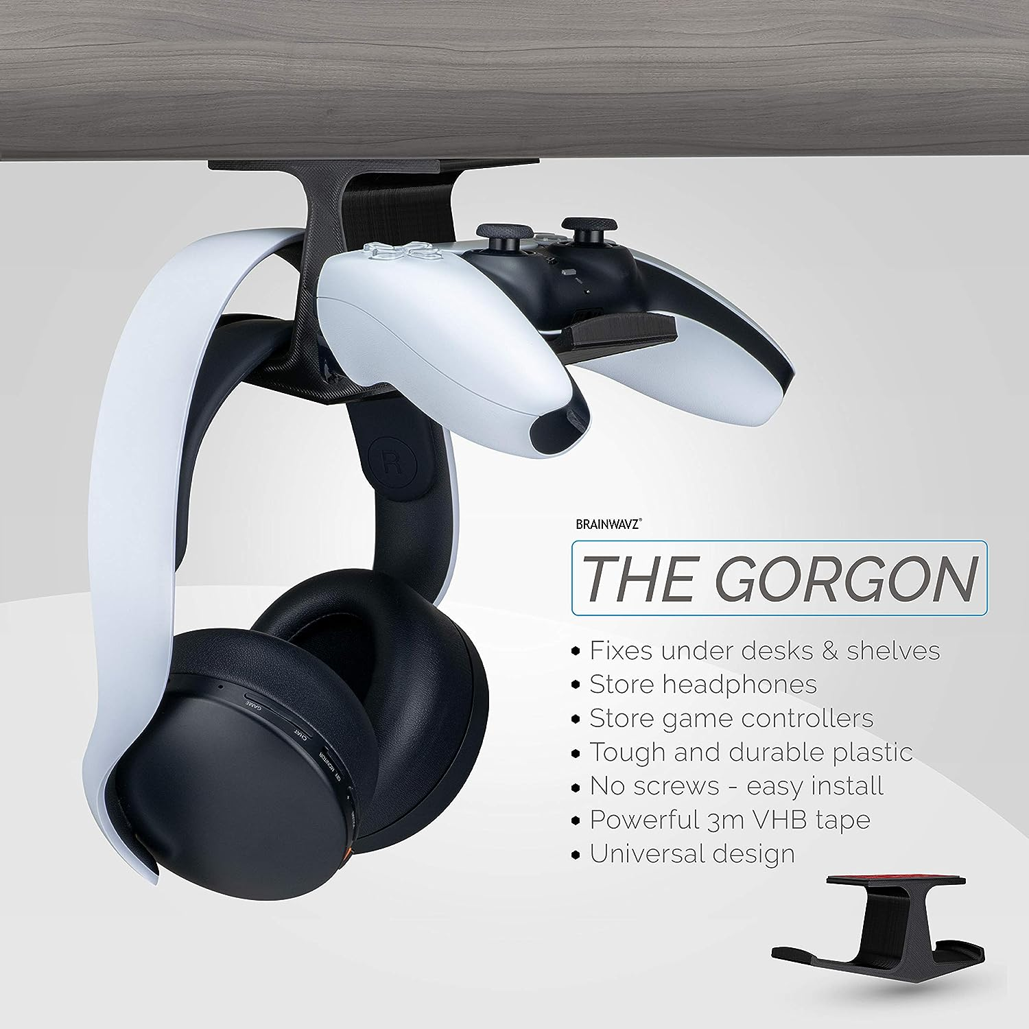 The Gorgon - under Desk Game Controller & Headphone Holder for XBOX, PS4, PS5, Series One, Steelseries, PC & Most Gamepads & Headsets, Screwless Hanger Stand, Black by Brainwavz image number 1