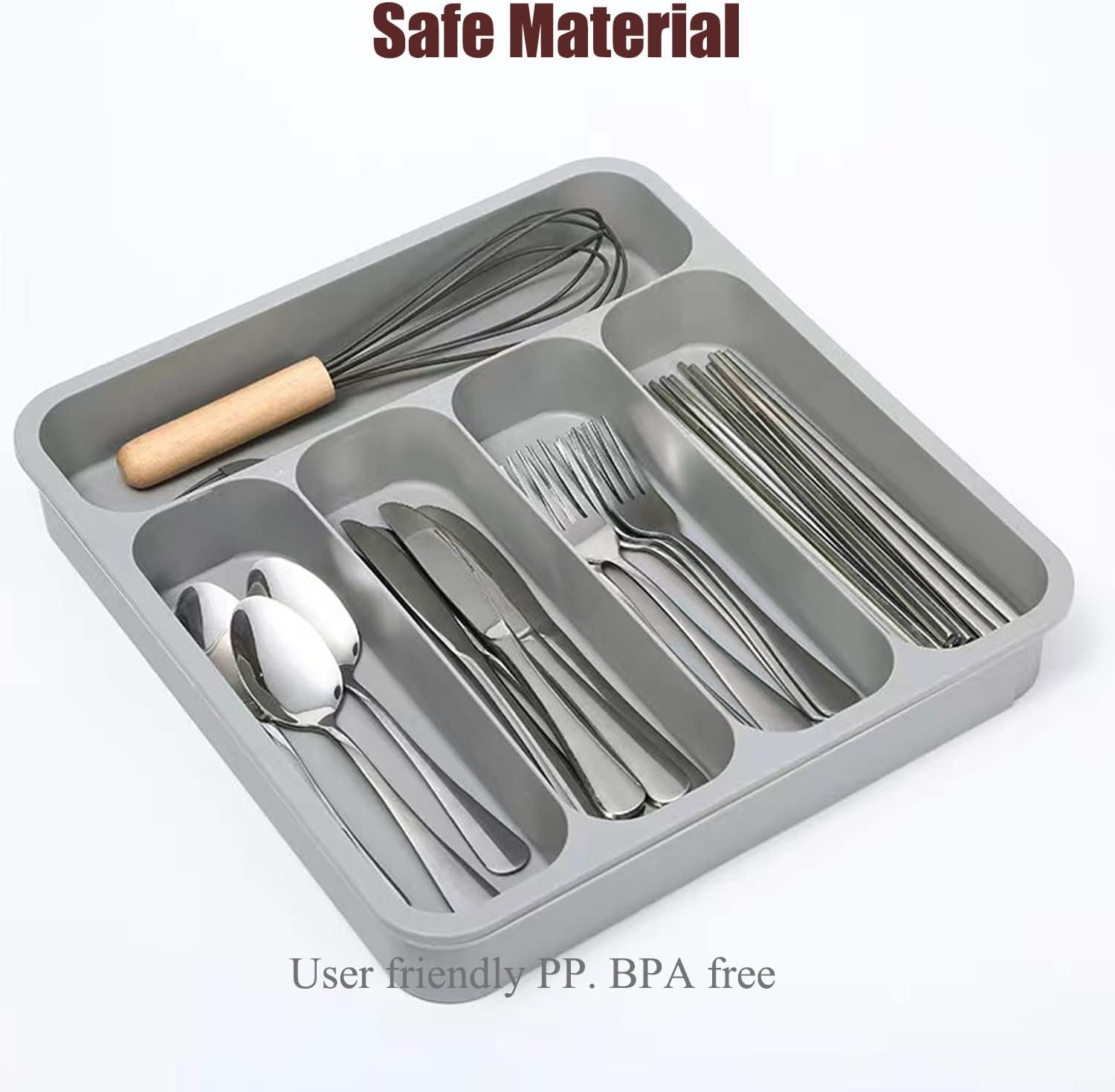 FOREVERIE Extendable Kitchen Utensils Drawer Storage Organiser, 5 Compartments Deep Cutlery Tray Holder for Silverware, Flatware, Knives, Spoons and Forks, Grey - Large Grey With Knife Organiser image number 5