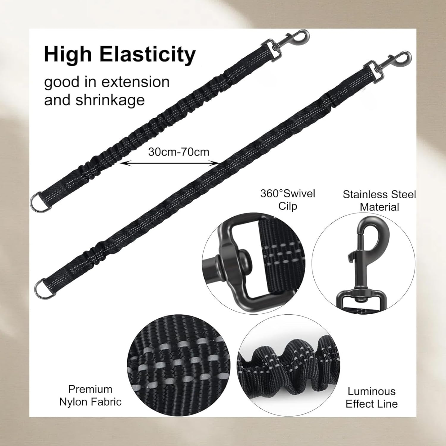 Shock Absorber Set of 2 - Adjustable Dog Safety Belts (45-66 Cm) for Car/Travel | 2.5 Cm Wide Nylon Strap for Small/Medium/Large Dogs | Shock-Absorbing Design with Snap Hook | Black Double image number 5