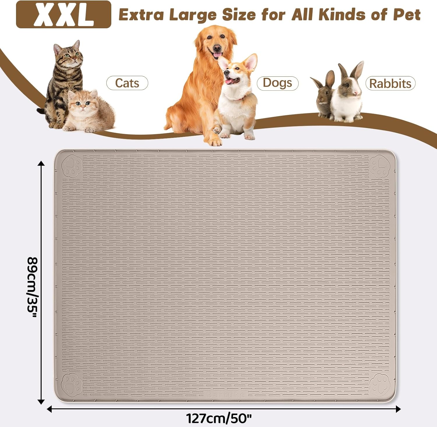 Bartuke Cat Food Mat, 127 X 89Cm Extra Large Silicone Pet Feeding Mat with Raised Edge Pet Placemat for Food and Water Bowl Non-Slip, Easy to Clean, Floor Protection (Khaki) image number 1
