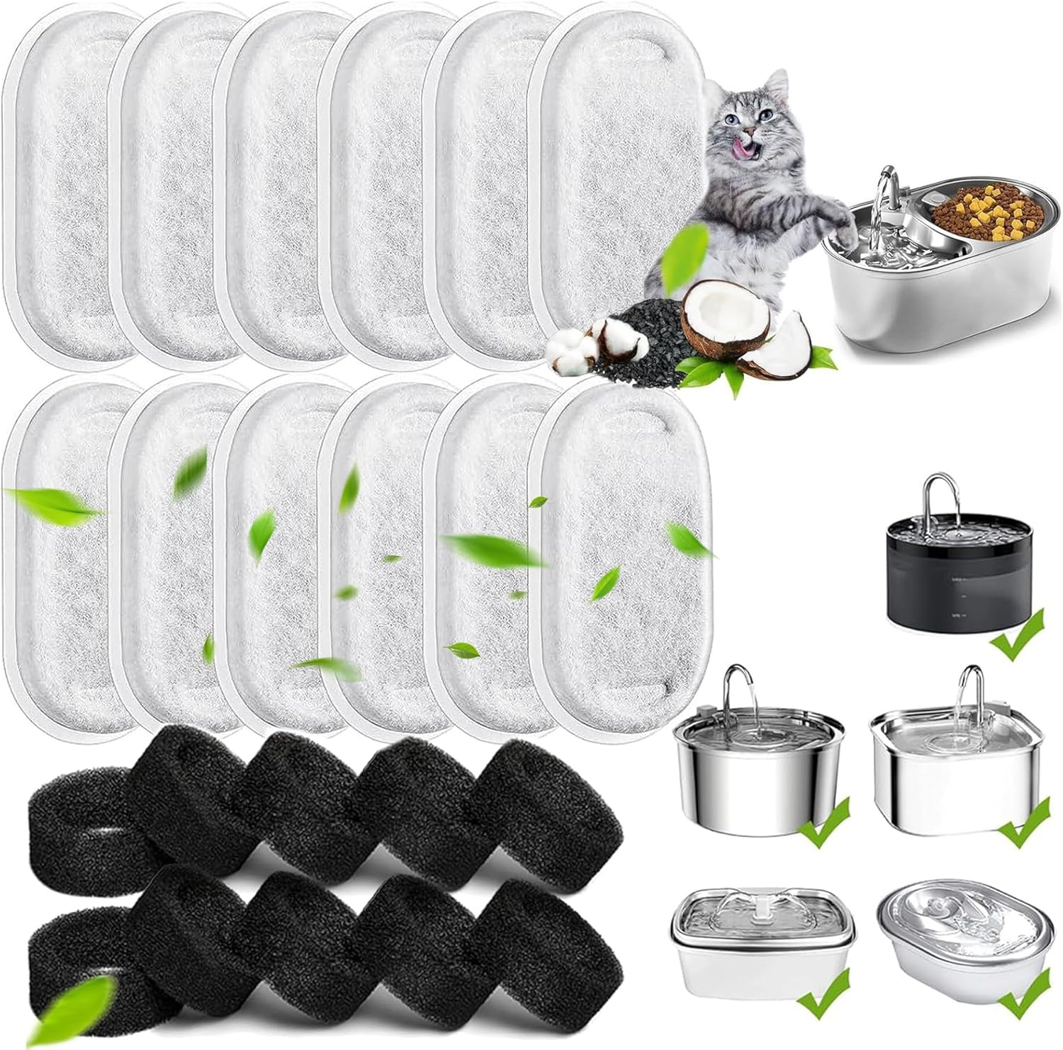 Wakouter Cat Water Fountain Filters, 24 Pack Triple Filtration System Automatic Pet Filters, 12 Pcs Carbon Filters and 12 Pcs Foam Filter, for Pet Water Fountain Filters Replacement