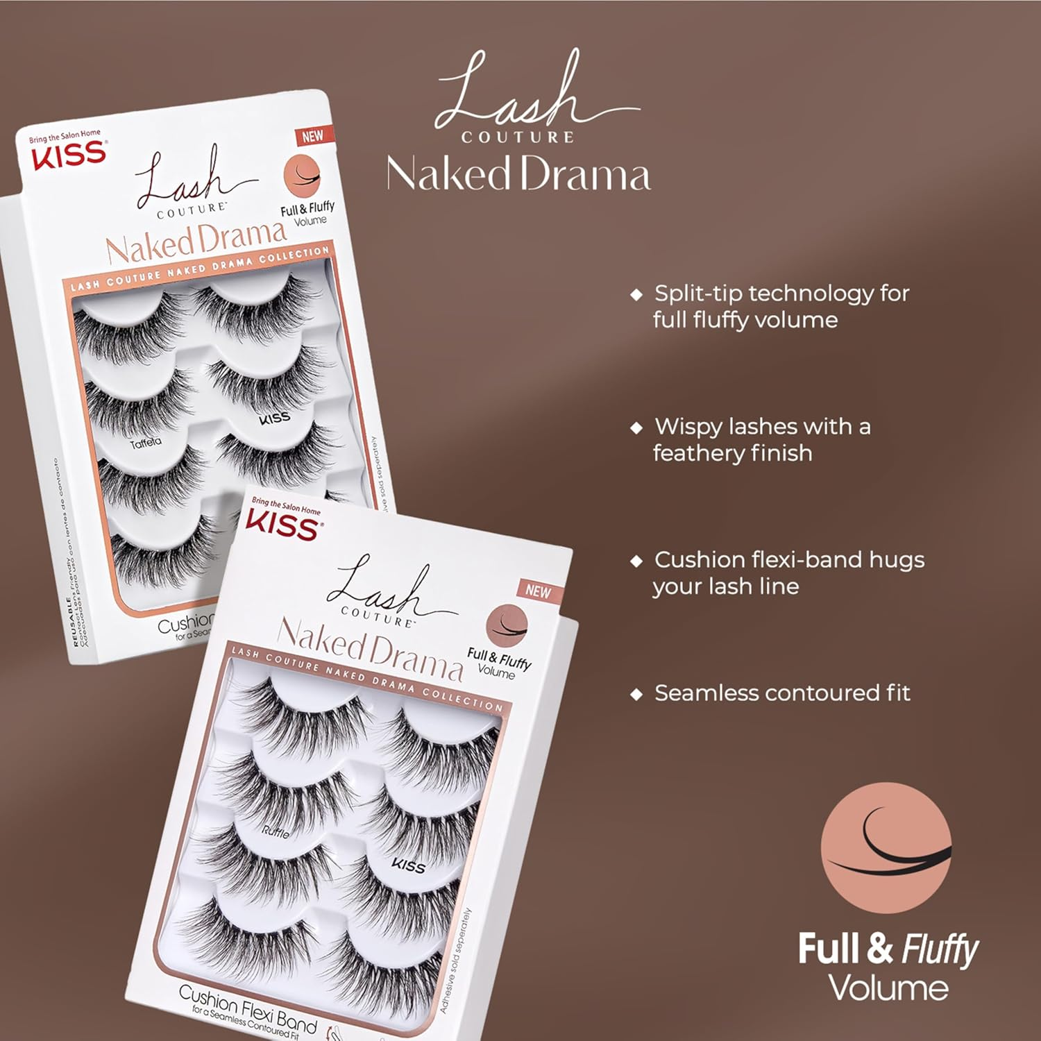 KISS Lash Couture Naked Drama Collection Multipack, Full & Fluffy Volume 3D Faux Mink False Eyelashes, Cushion Flexi Band & Split-Tip Technology, Reusable, Contact Lens Friendly, Style Ruffle, 4 Pairs image number 1