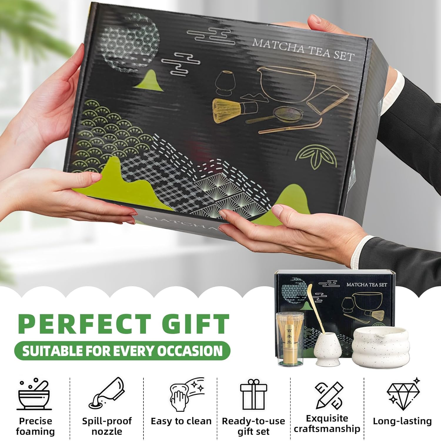 Matcha Whisk Set, 7 Pcs Ceramic Matcha Kit with Matcha Bowl, Spout, Bamboo Whisk, Bamboo Scoop, Ceramic Holder and Stainless Sifter for Traditional Tea Ceremony