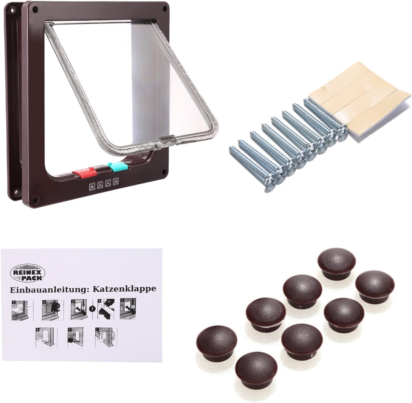 Sailnovo Cat Door 19 X 20 X 5.5 Cm, Brown, Size M, Cat Door with 4-Way Locking for Indoor and Outdoor Doors, Weatherproof Pet Door image number 2