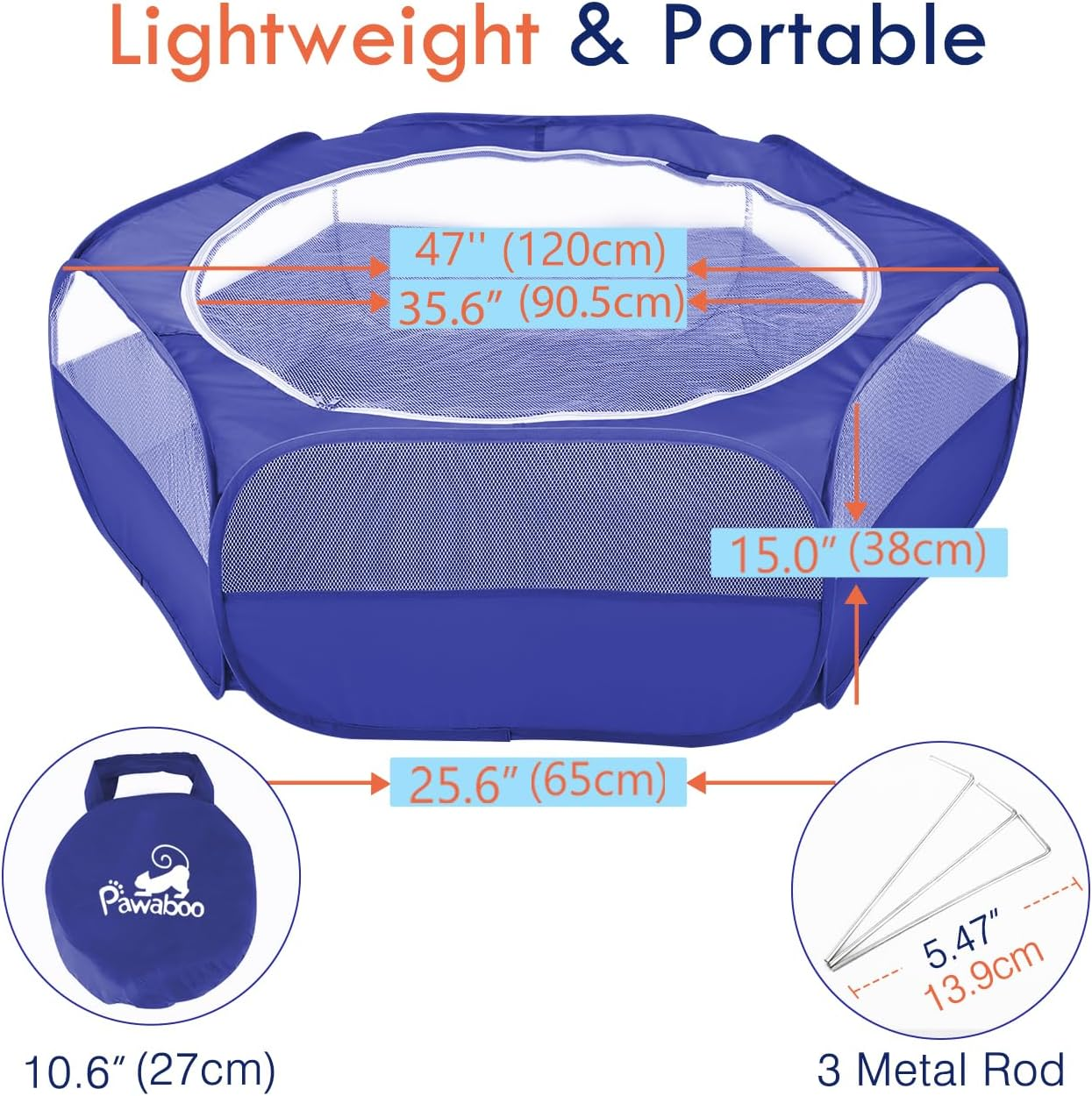 Pawaboo Small Animals Playpen, Waterproof Small Pet Cage Tent with Zippered Cover, Portable Outdoor Yard Fence with 3 Metal Rod for Chick/Kitten/Puppy/Guinea Pig/Rabbits/Hamster/Chinchillas,Indigo image number 4