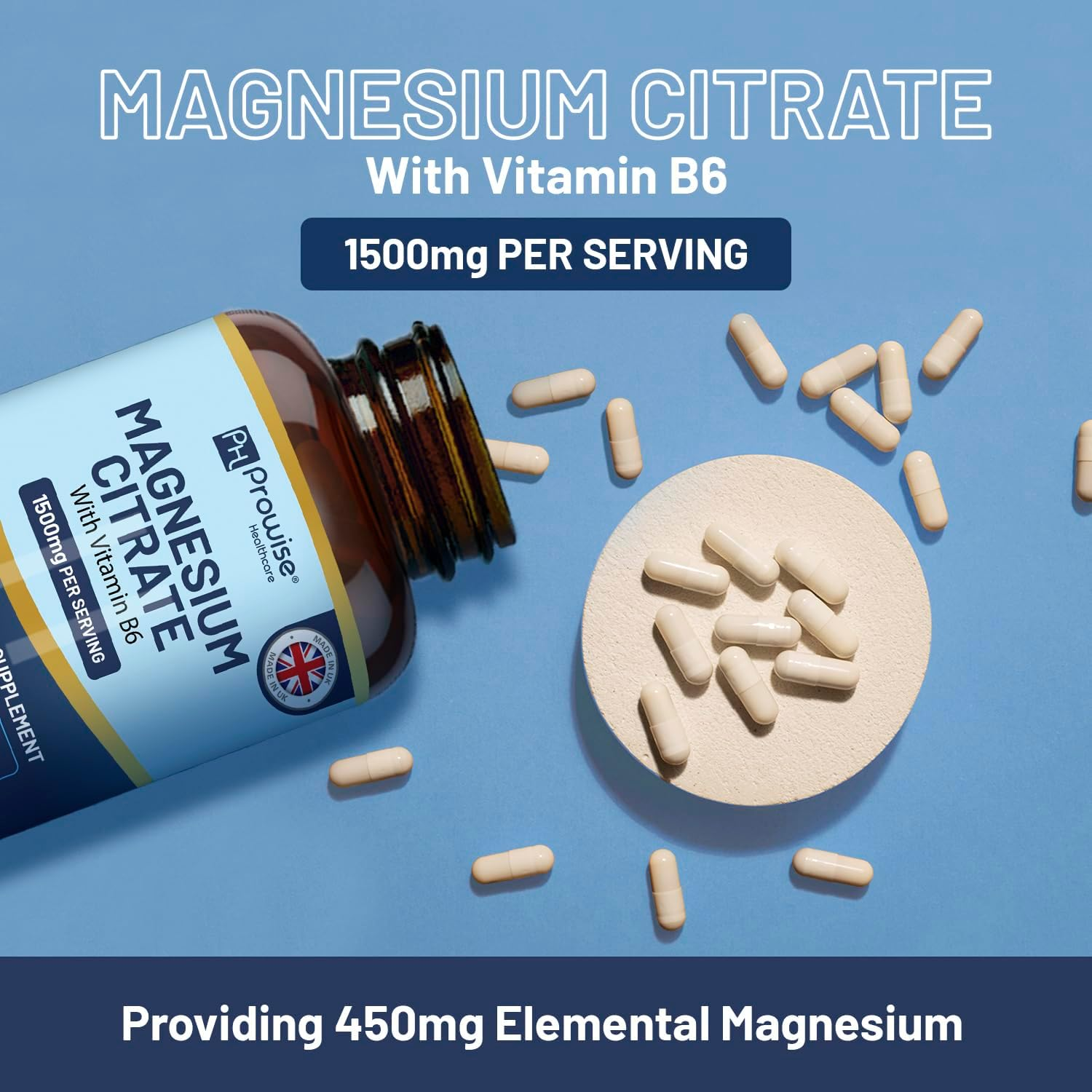 Magnesium Citrate Capsules 1500Mg with Vitamin B6 | 120 Vegan Capsules | 450Mg Elemental Mg | High Strength Magnesium Supplements for Women & Men | Capsule Not Tablets | Made in UK by Prowise image number 2