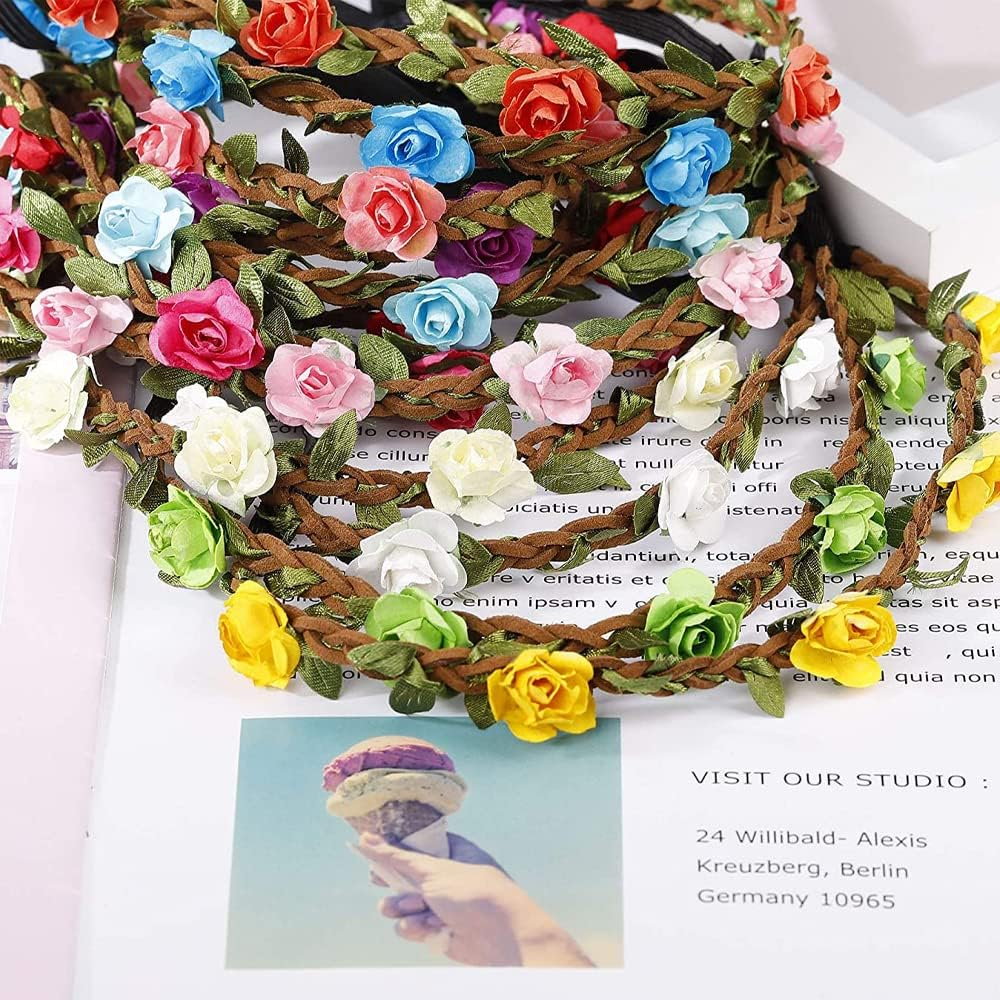 Ssyang Flower Wreath Flower Crown Headband, Pack of 12 Flower Crown Headband, Flower Crown, Hair Wreath Hair Band, Flower Crown Bride, Women Girls for Festival Party Wedding Beach image number 3