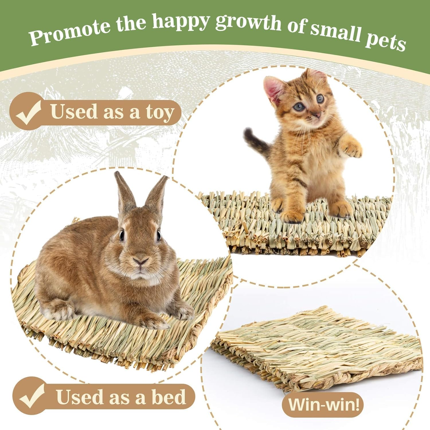 2 PCS Rabbit Grass Mats - Natural Hay Woven Bunny Rabbit Bad Cage Mats Pet Bedding Cooling Sleeping Nesting & Toys for Hamster Bunny Chinchilla Guinea Pig Mouse Bird and Other Small Animal image number 3