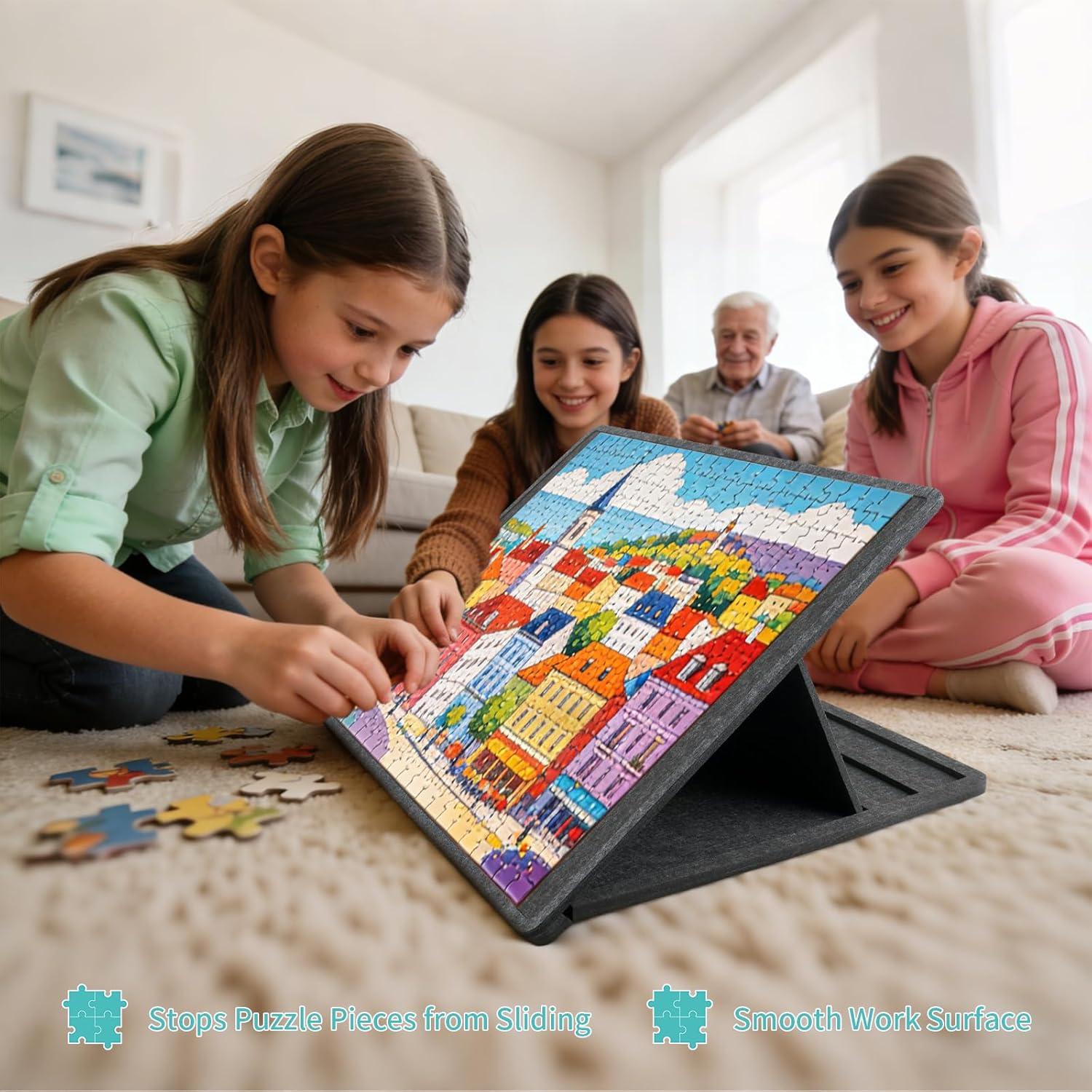 1500 Piece Foldables & Tilting Puzzle Board with 6 Colored Sorting Trays,Lightweight & Portable Puzzls Table with Built-In Stands for Angle Adjustments (1500 Pcs-Dark Gray-2) image number 3