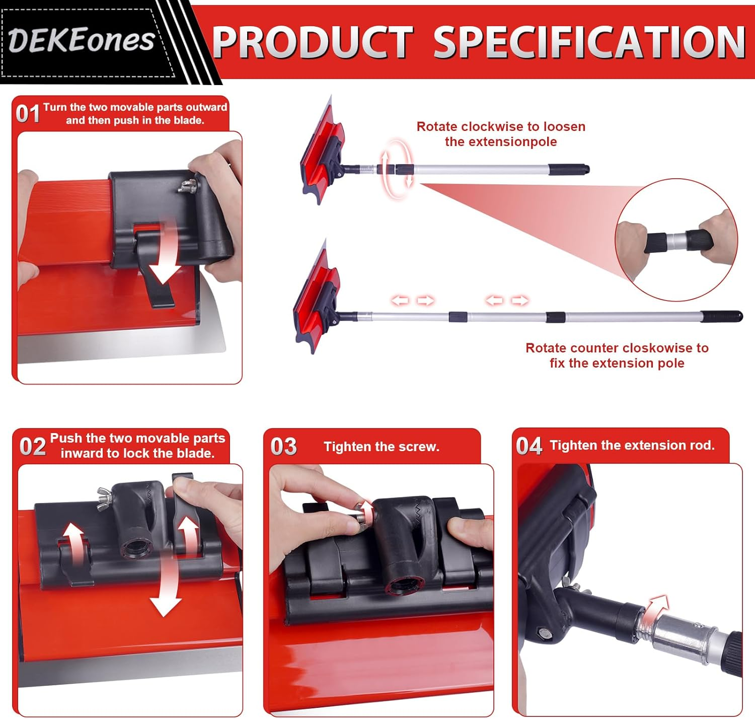 Dekeones Drywall Skimming Blade Set, Stainless Steel 10",16" & 24" Skimming Blades with 28"-62" Extension Handle Pole, Professional Drywall Skimming Tools for Smoothing Wall and Ceiling image number 4