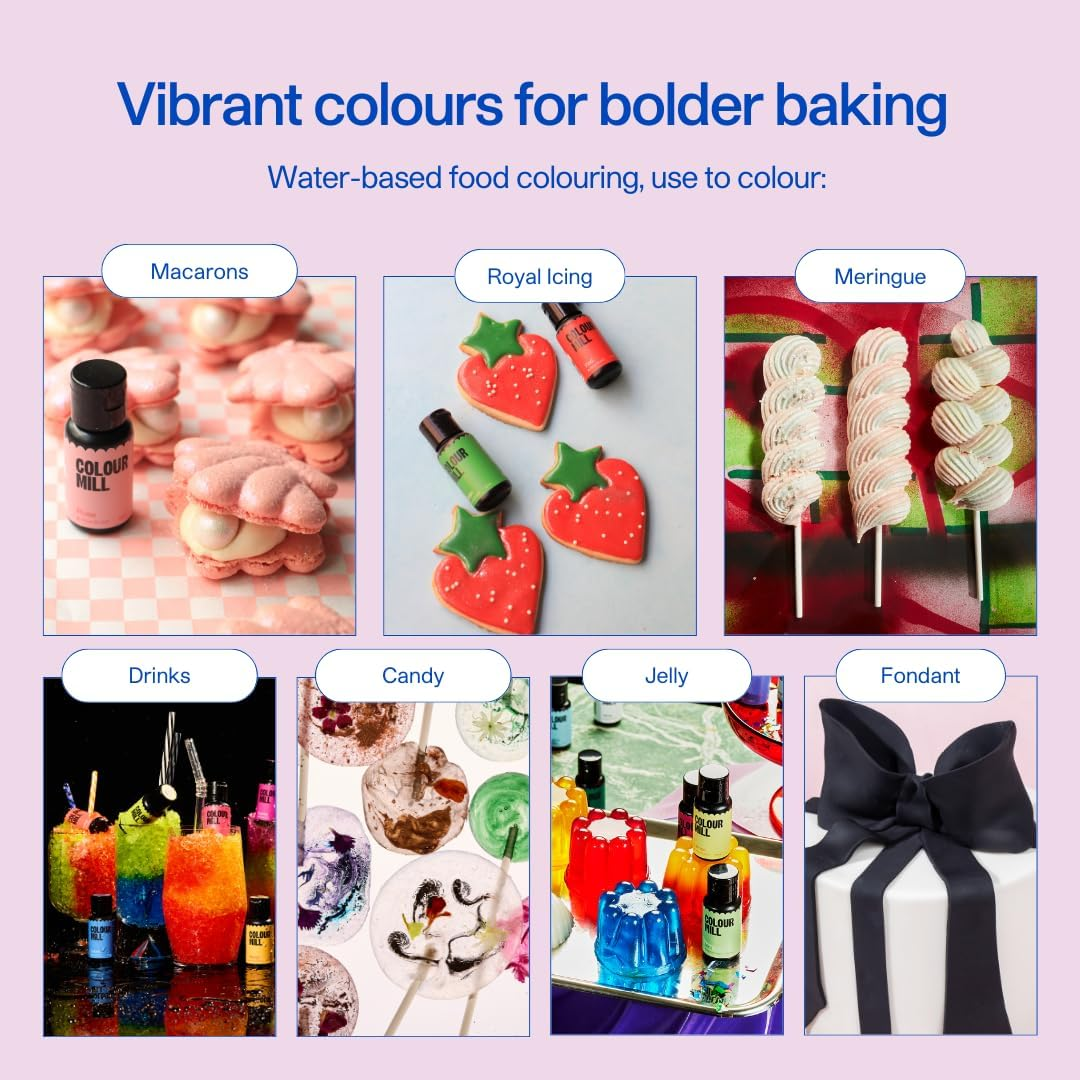 Colour Mill Kickstarter Pack Aqua Blend Water-Based Food Colouring, 12 Colours X 20Ml Each: Baby Pink, Black, Chocolate, Forest, Hot Pink, Lime, Orange, Purple, Red, Royal, Sky Blue, Yellow image number 6