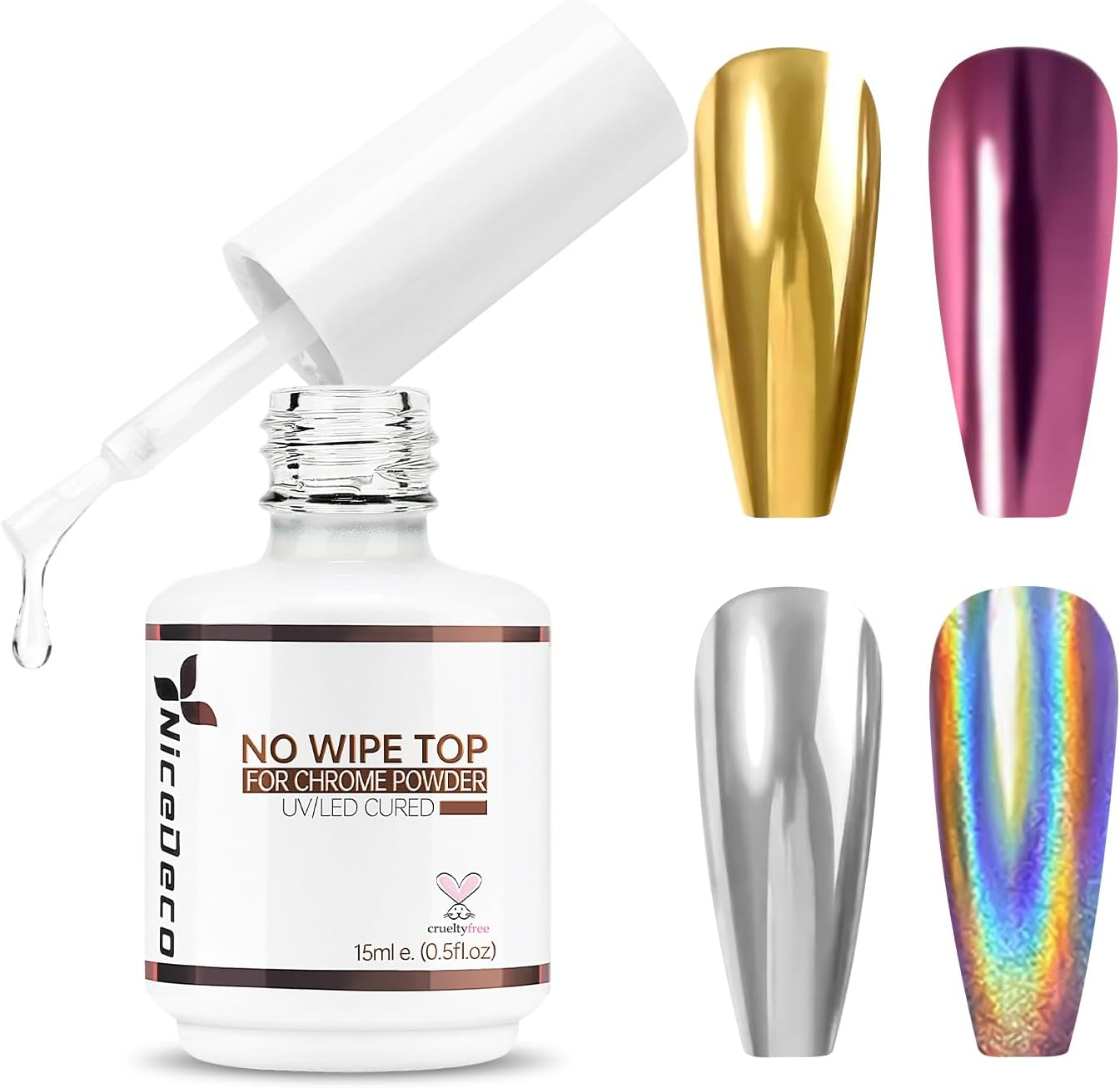 Nicedeco Gel Top Coat for Chrome Nail Powder, Hema Free, Cruelty Free, Vegan, Mirror Shiny Clear No Wipe Long Lasting Nail Polish image number 1