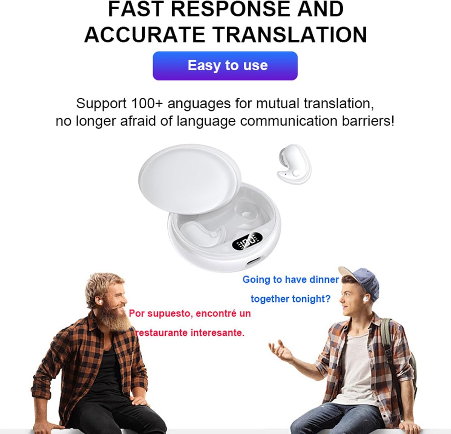 Voice Translator Earphones, 2-Way Real-Time Translation Translator Device, Supports 144 Languages, Wireless Bluetooth Voice Translator Earphones for Travel Companies (White) image number 6