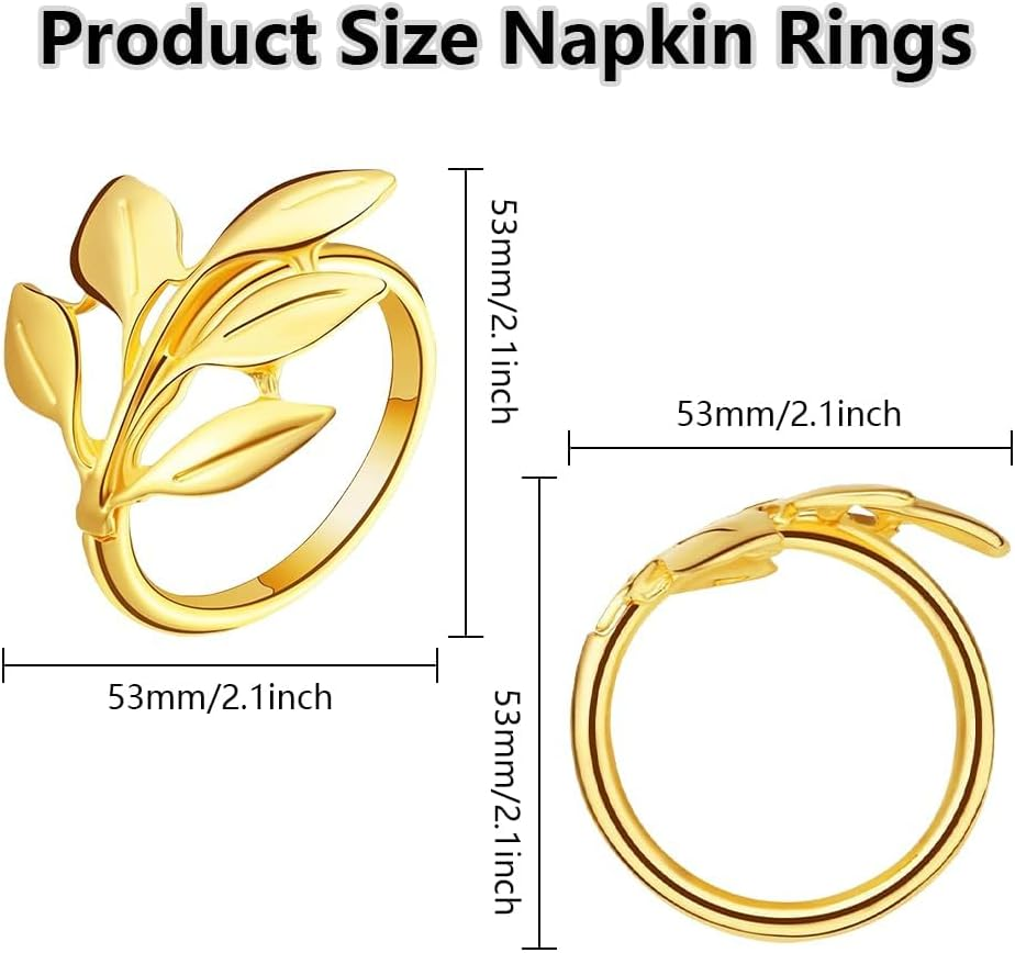 Gold Napkin Rings Set of 12 - Metal Leaf Fall Napkin Rings for Dinner Table Decor, Wedding, Kitchen, Banquet, Holiday, Everyday Party
