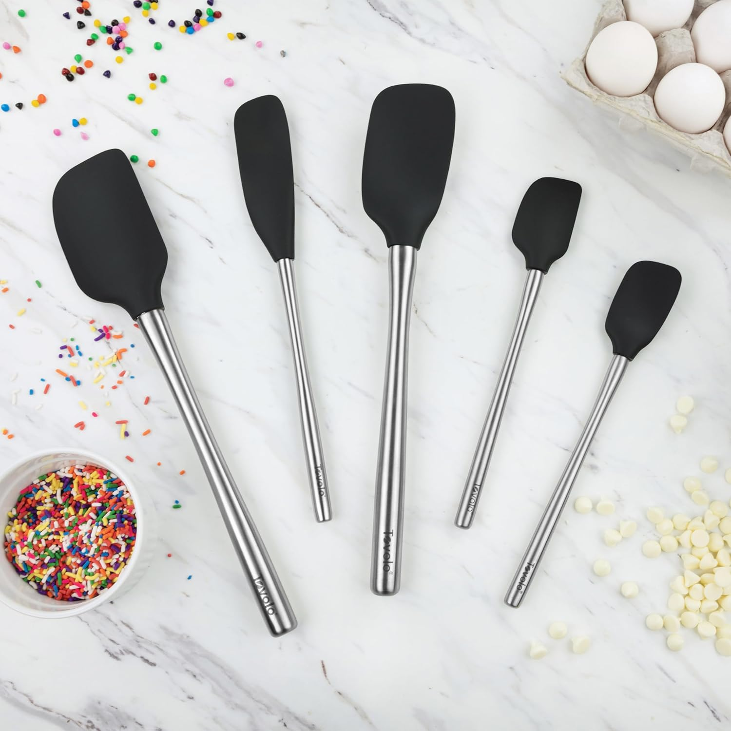 Tovolo 5-Piece Spatula Stainless Steel & Silicone Utensil Set (Black): Spatula, Spoonula, Jar Scraper, Mini Spatula, and Mini Spoonula image number 5