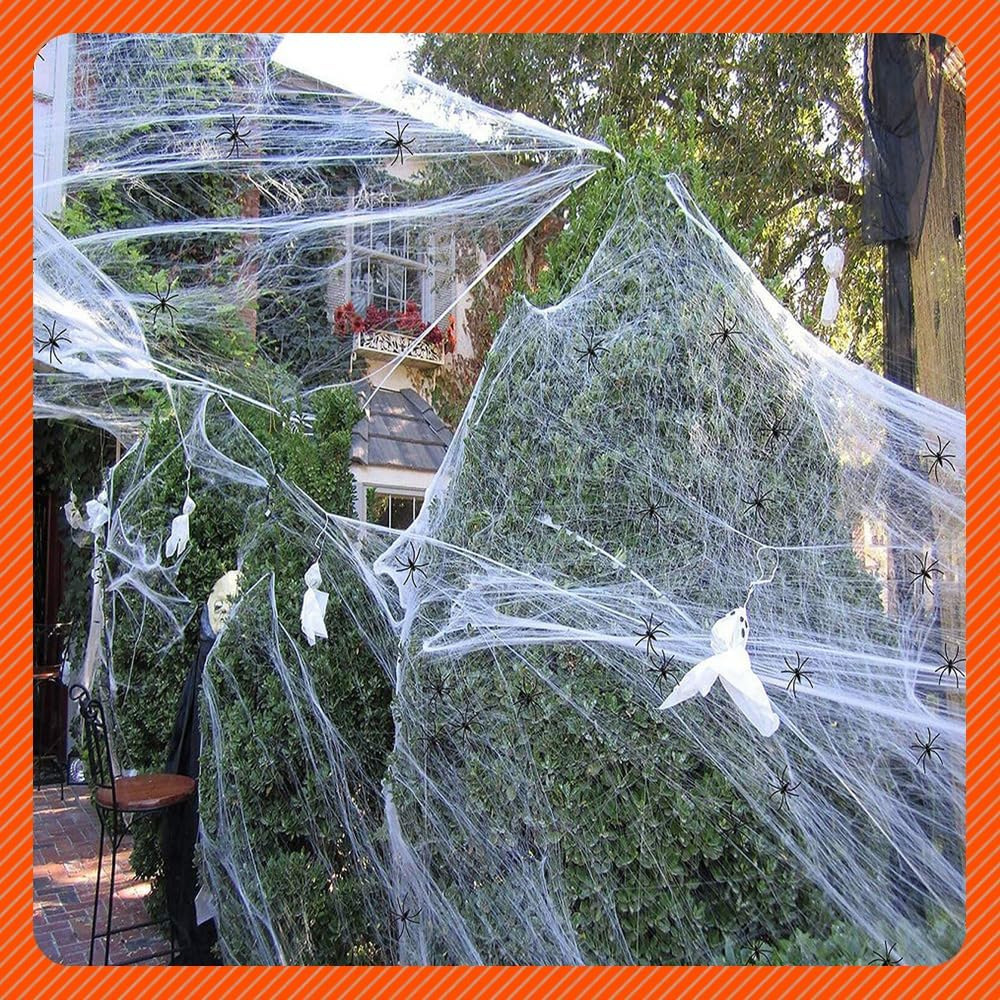 420G Halloween Cobweb Spider Decor 1400Sqft Webs with 150 PCS Spiders, Super Stretchy Spider Webbing with 150 Fake Spiders for Scary Indoor & Outdoor Halloween Decorations image number 6