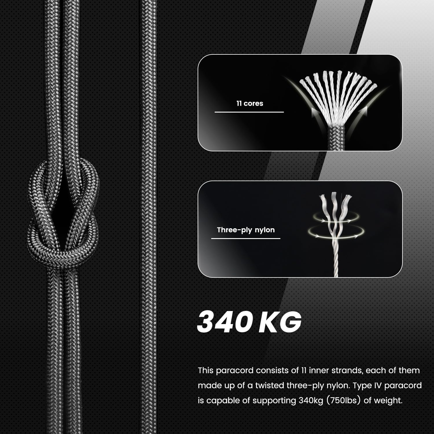 Abma Cord 4Mm Paracord 750Lb 30M 100% Nylon Rope 11 Strands Type IV Military Grade Parachute Cord for DIY, Camping, Survival, Outdoor - Max. 340Kg - Black - Army Green image number 4