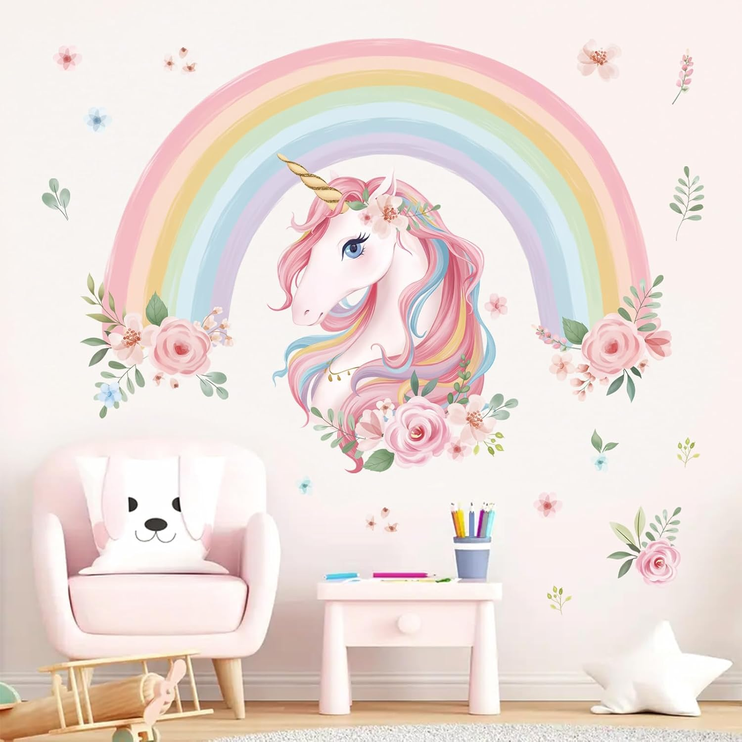 Wondever Large Rainbow Wall Decals Unicorn Flower Peel and Stick Wall Art Stickers for Girls Bedroom Kids Room Baby Nursery