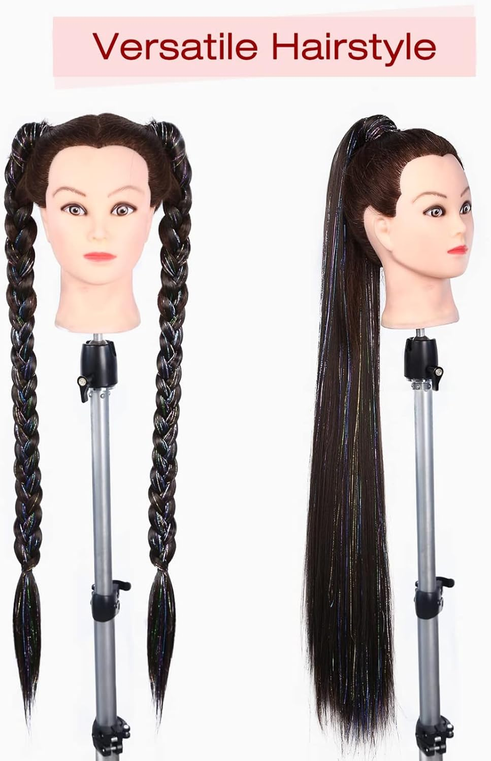 Braid Ponytail Extension with Glitter Hair Tinsel, 34" Long Straight DIY Braid Hair Extension with Hair Tie, Wrap around Hair Extensions Ponytail Natural Synthetic Hairpiece Black Brown image number 1