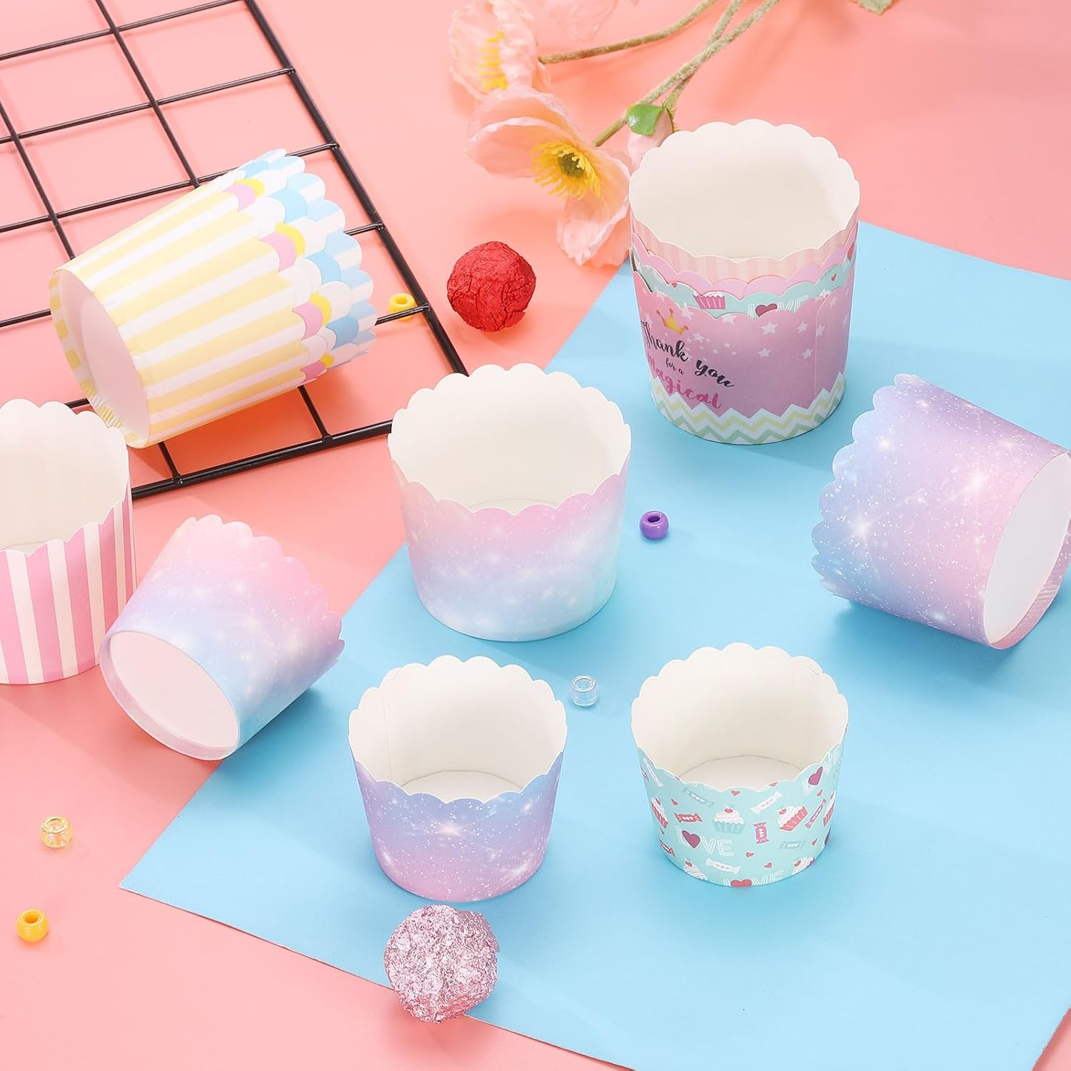 HARFINGTON 100Pcs Paper Baking Cups Small Greaseproof Disposable Bulk Cupcake Muffins Liners Cases Wrappers for Wedding Birthday Graduation, Gradient Pink Blue image number 6