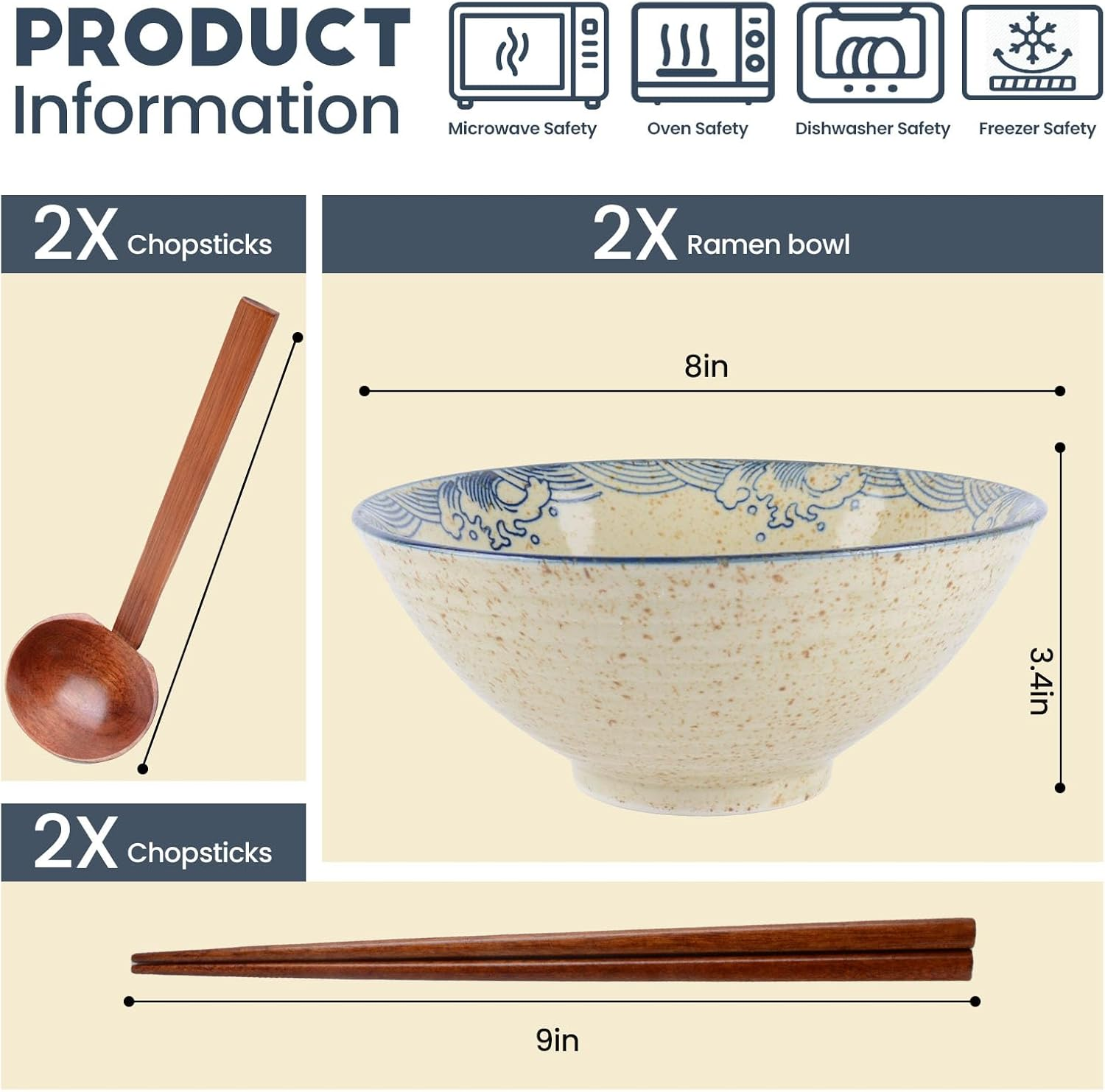 Ceramic Japanese Ramen Bowl Set 40 Oz Noodle Soup Bowl with Matching Spoons and Chopsticks 8 Inch for Udon Soba Miso Soup,Set of 2 image number 2