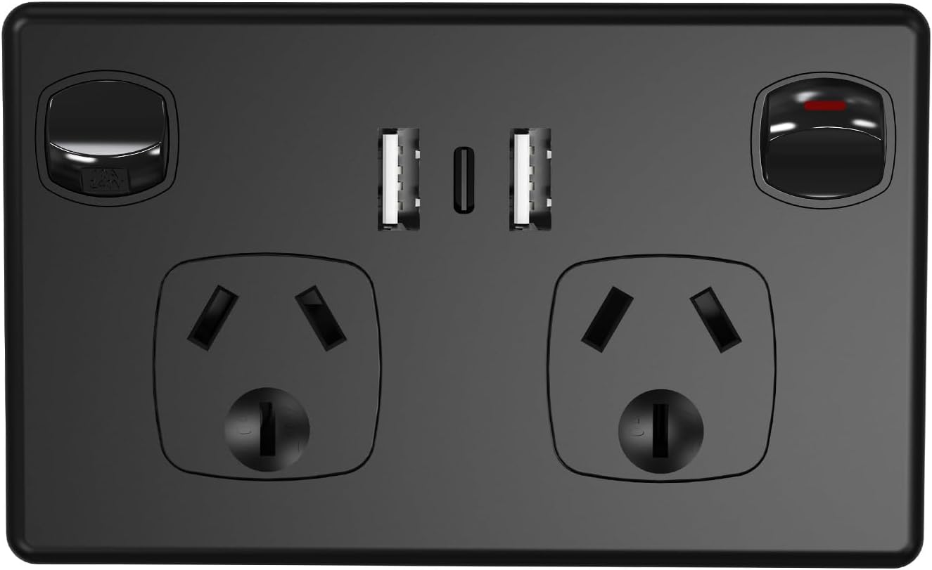 Double Power Point with 2 USB a and 1 Type C, GPO Wall Outlet, Fast Charging 5V 3.6 Amp, SAA RCM Approved, Single Switch, 10A/2400W, Black